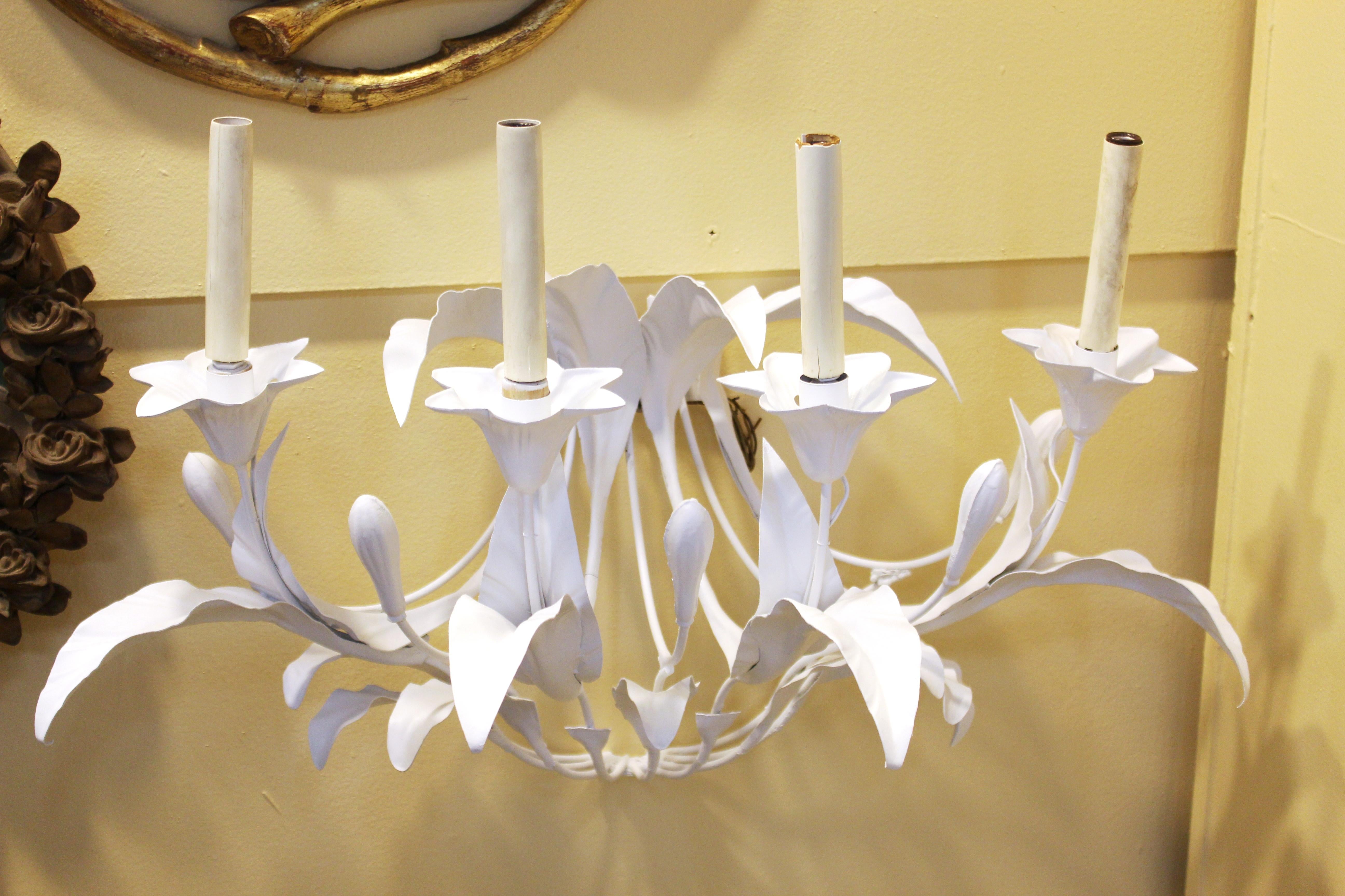 Art Nouveau Style Metal Floral Candelabra Sconces in White In Good Condition For Sale In New York, NY