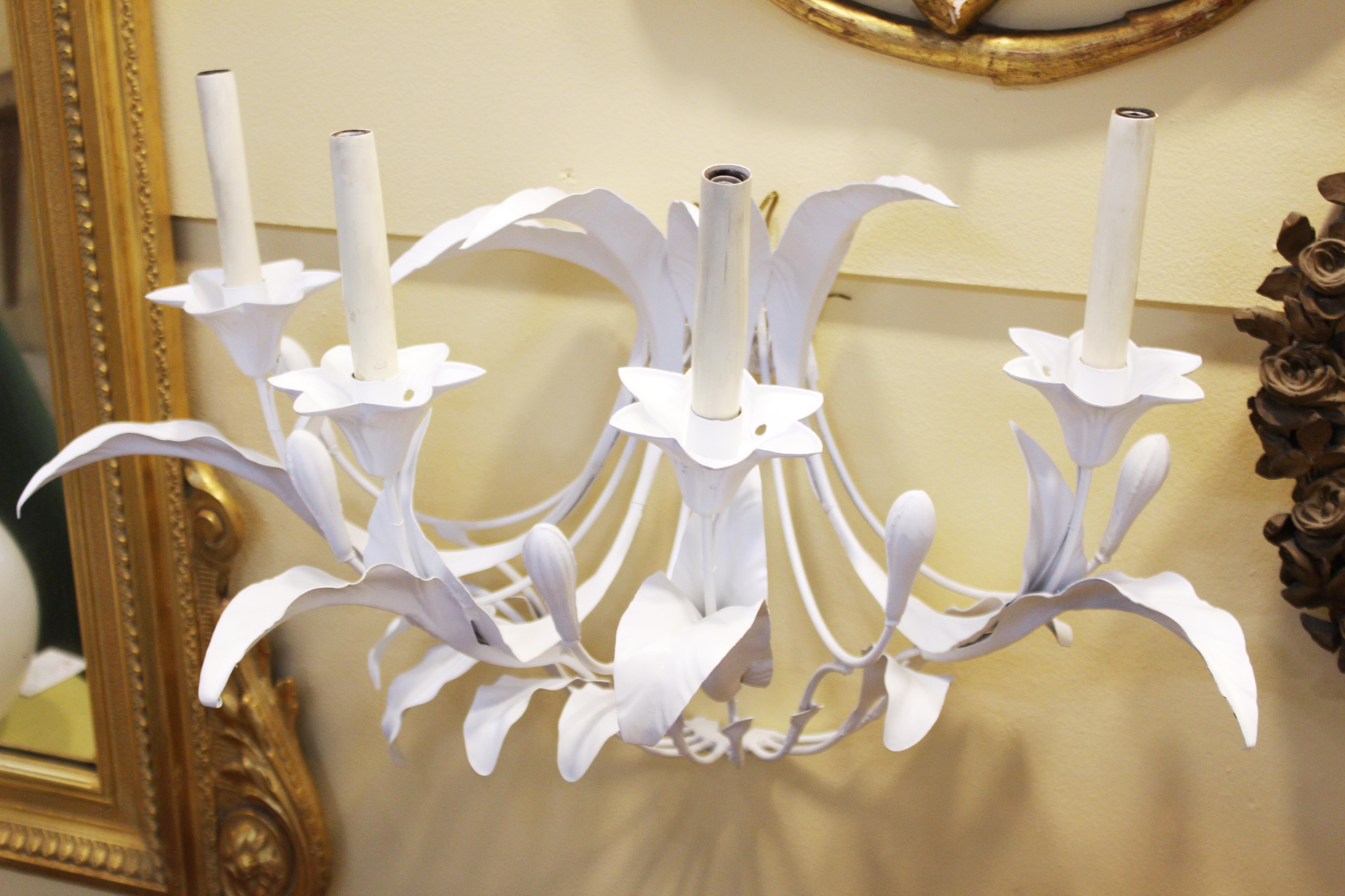 20th Century Art Nouveau Style Metal Floral Candelabra Sconces in White For Sale