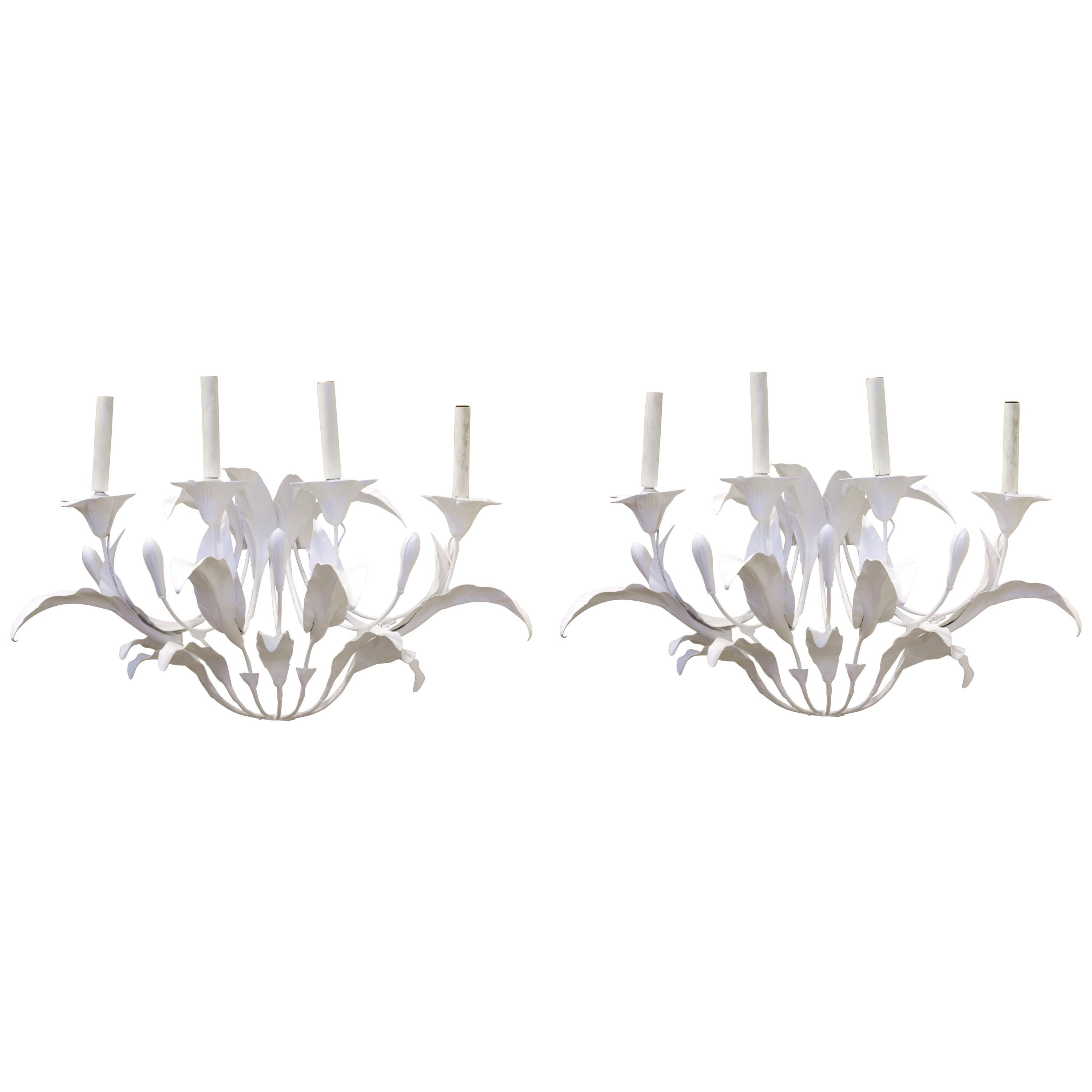 Art Nouveau Style Metal Floral Candelabra Sconces in White For Sale