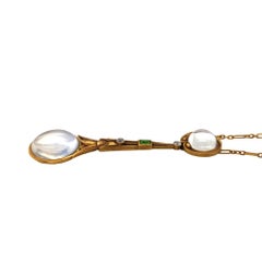 Art Nouveau Style Moonstone Diamond and Tsavorite Necklace 18 Karat Gold