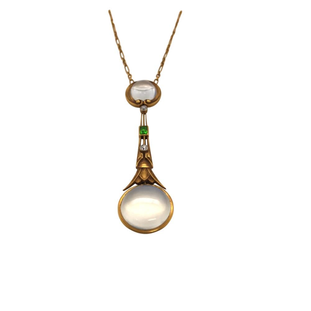 Round Cut Art Nouveau Style Moonstone Diamond and Tsavorite Necklace 18 Karat Gold For Sale