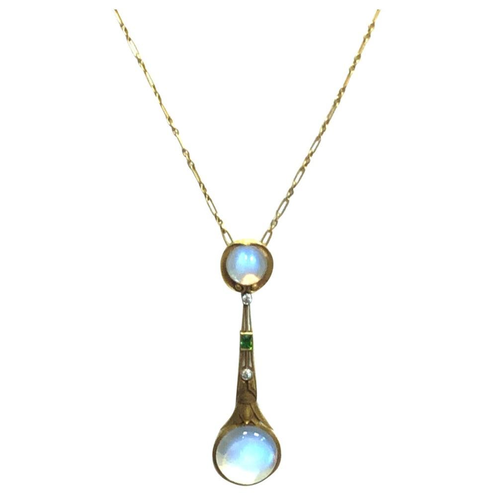 Art Nouveau Style Moonstone Diamond and Tsavorite Necklace 18 Karat Gold