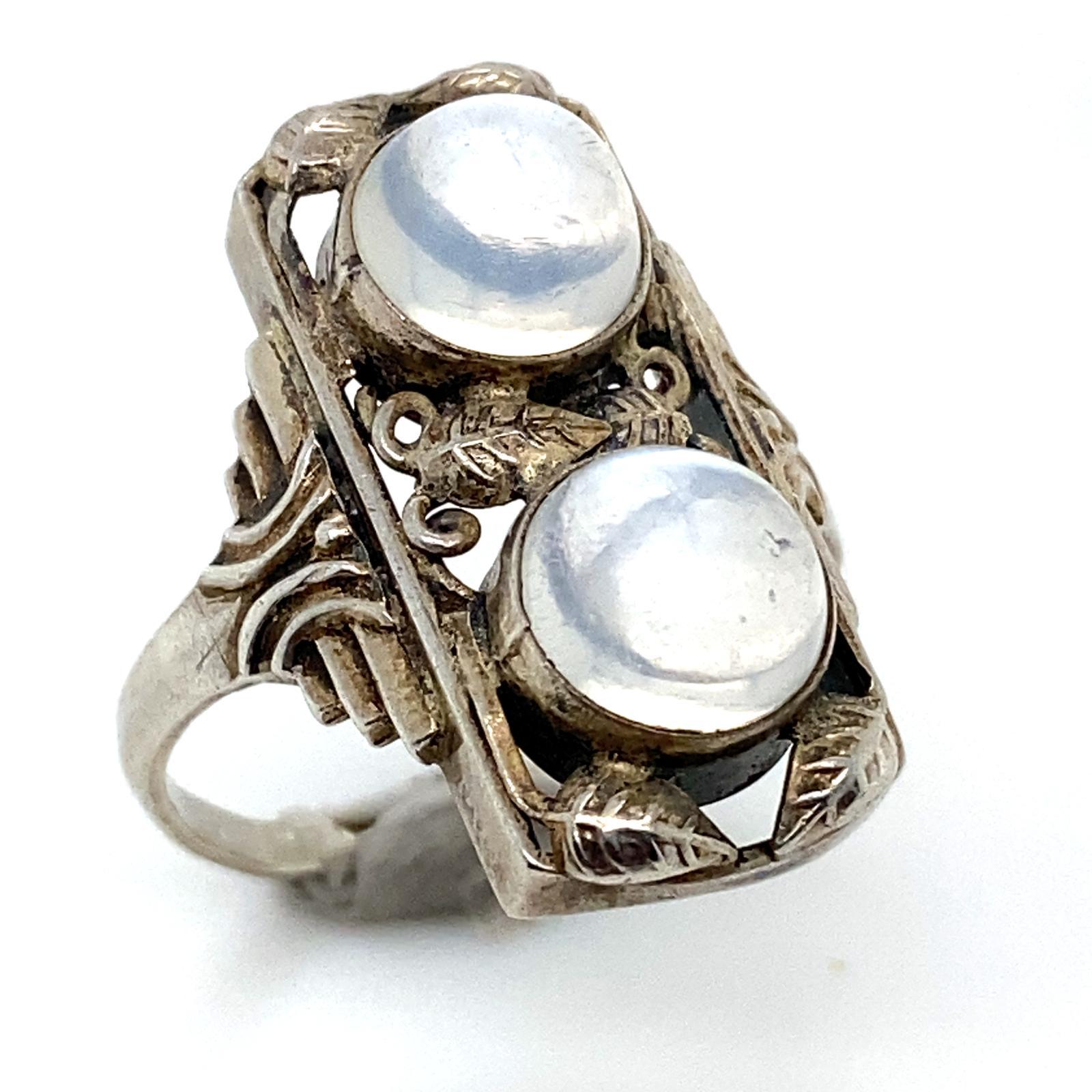 Cabochon Art Nouveau Style Moonstone Silver Plaque Ring For Sale