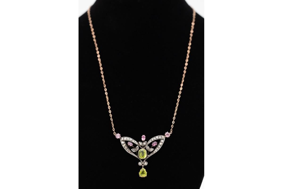 Old Mine Cut Art Nouveau style necklace with diamonds, peridots and tourmalines, circa 1900s. For Sale