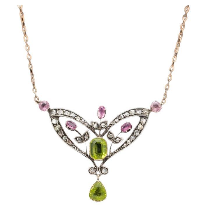 Art Nouveau style necklace with diamonds, peridots and tourmalines, circa 1900s. For Sale