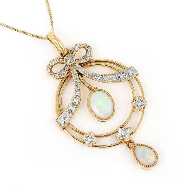 Art Nouveau Style Opal and Diamond Drop Pendant For Sale at 1stDibs