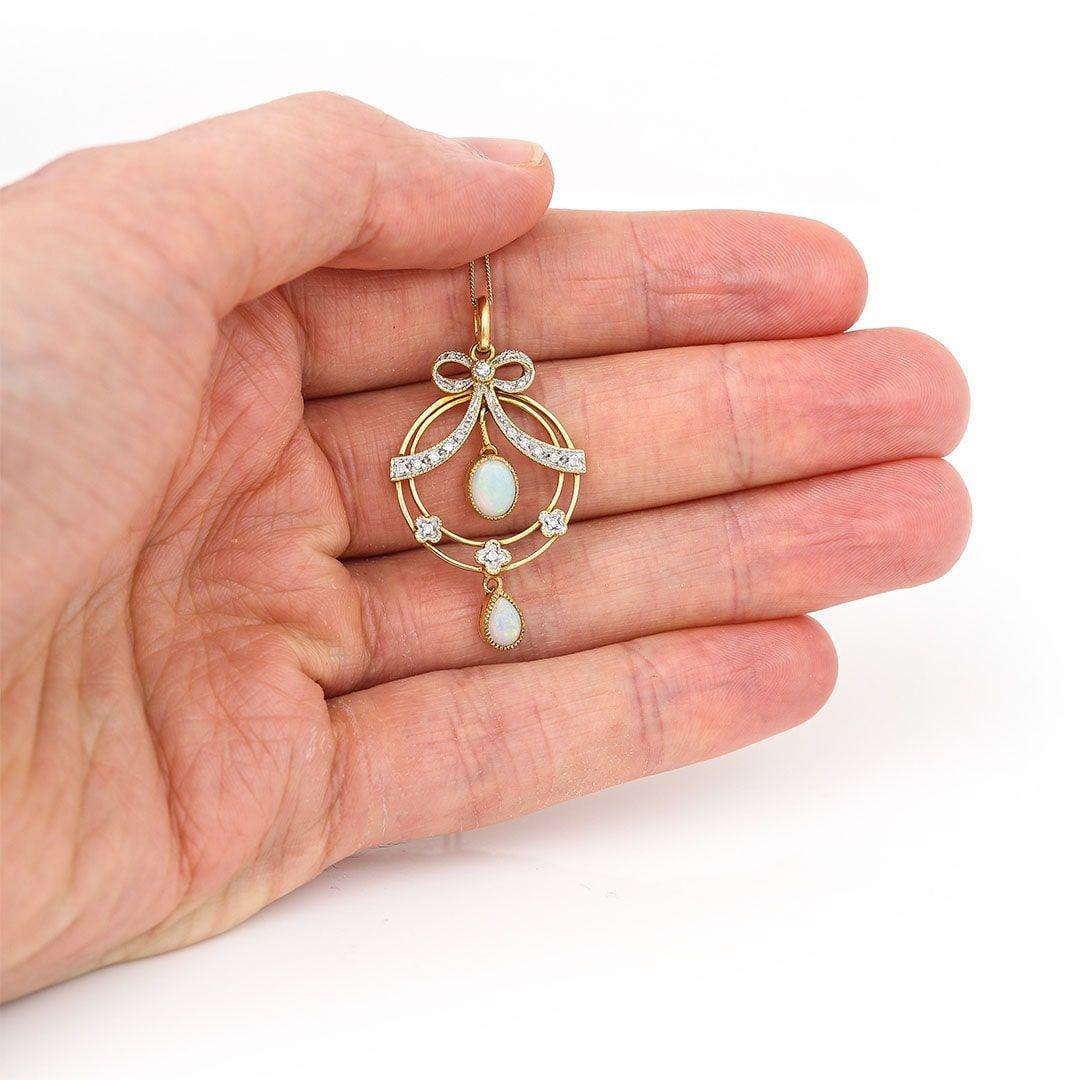 Art Nouveau Style Opal and Diamond Drop Pendant For Sale 3