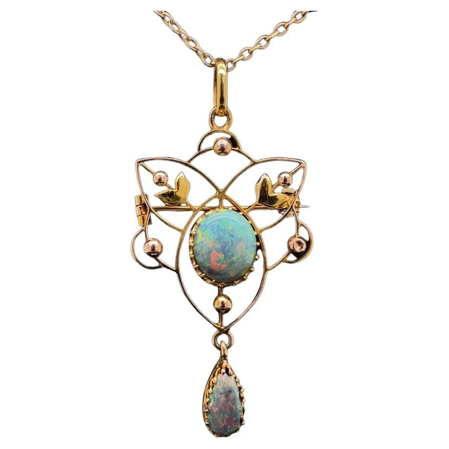 Art Nouveau Style Opal Necklace and Chain in 15 Karat Yellow Gold