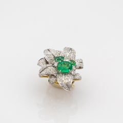Art Nouveau Style Oval Cut Emerald White Diamond White Gold Cocktail Ring