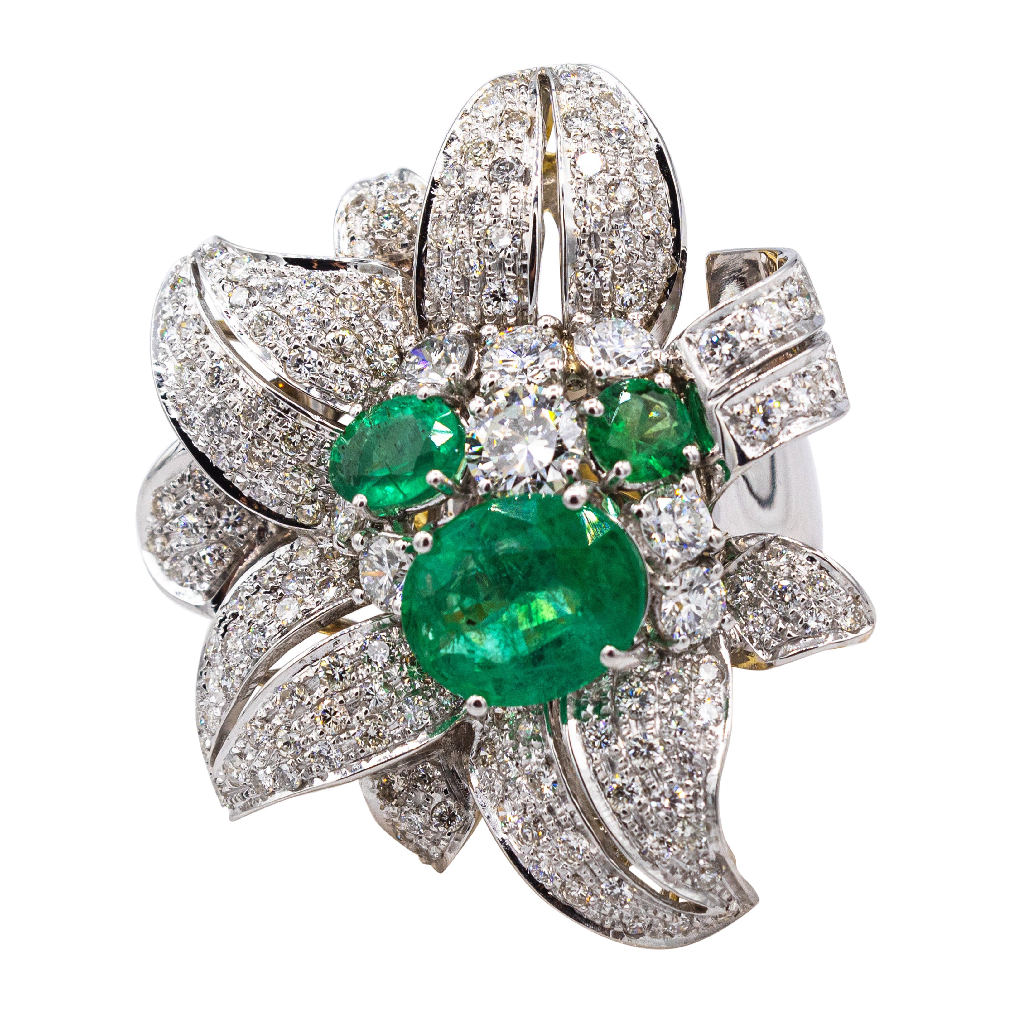 Art Nouveau Style Oval Cut Emerald White Diamond White Gold Cocktail Ring For Sale