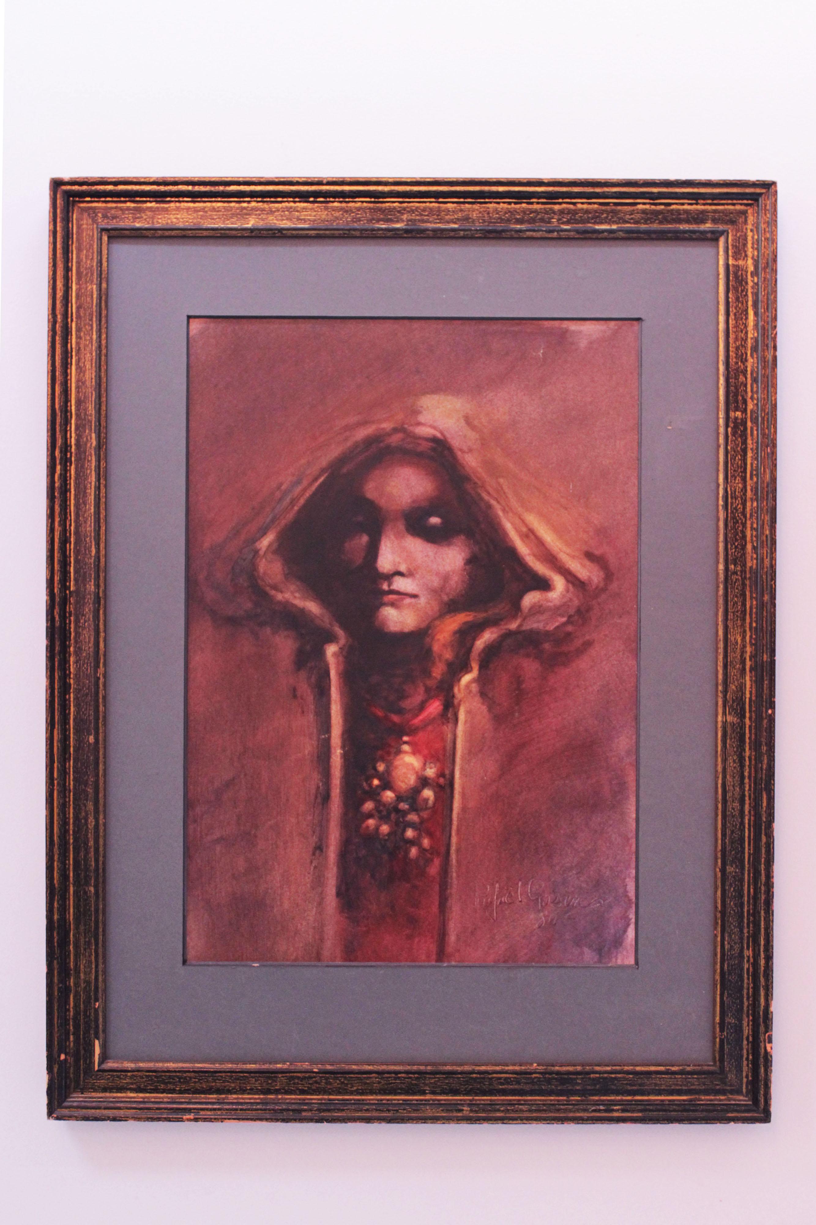 Late 20th Century Art Nouveau Style Painting, 1984, Gouache, Framed For Sale