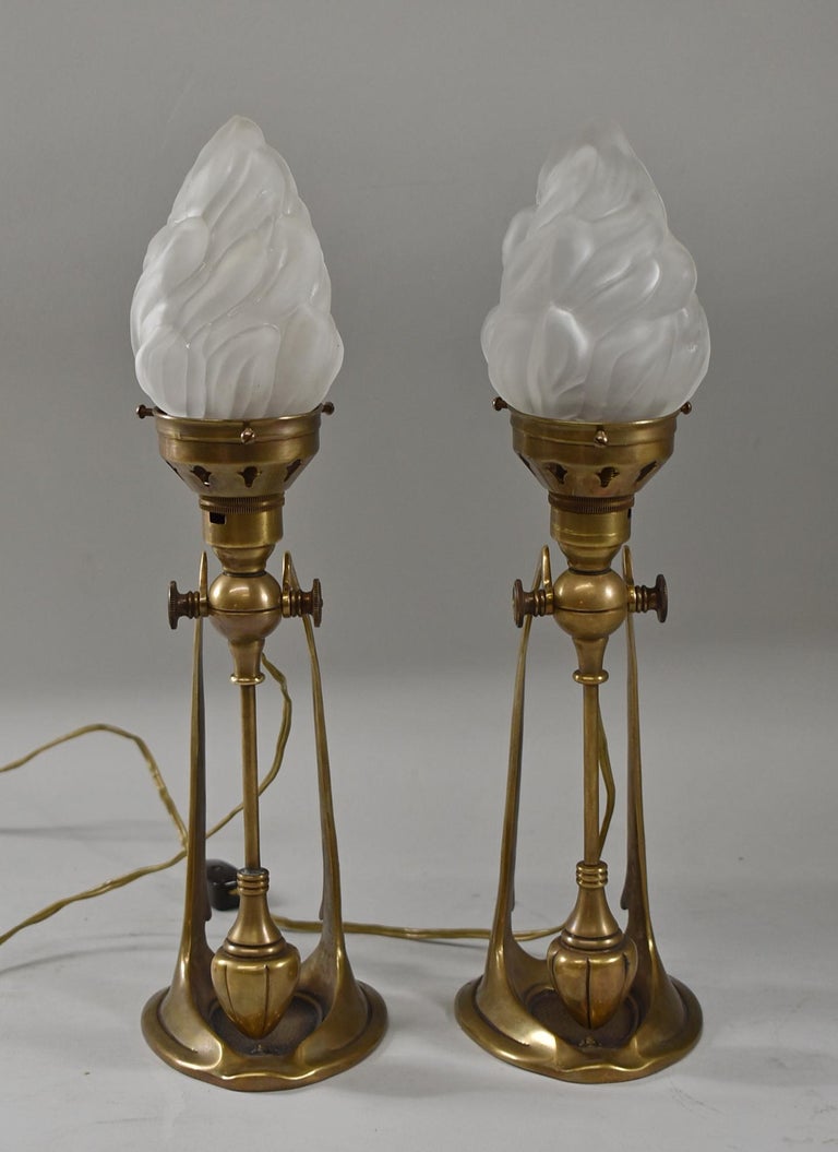 Art Nouveau Style Pair of Bronze Mantle Lamps Vintage Flame Opaque