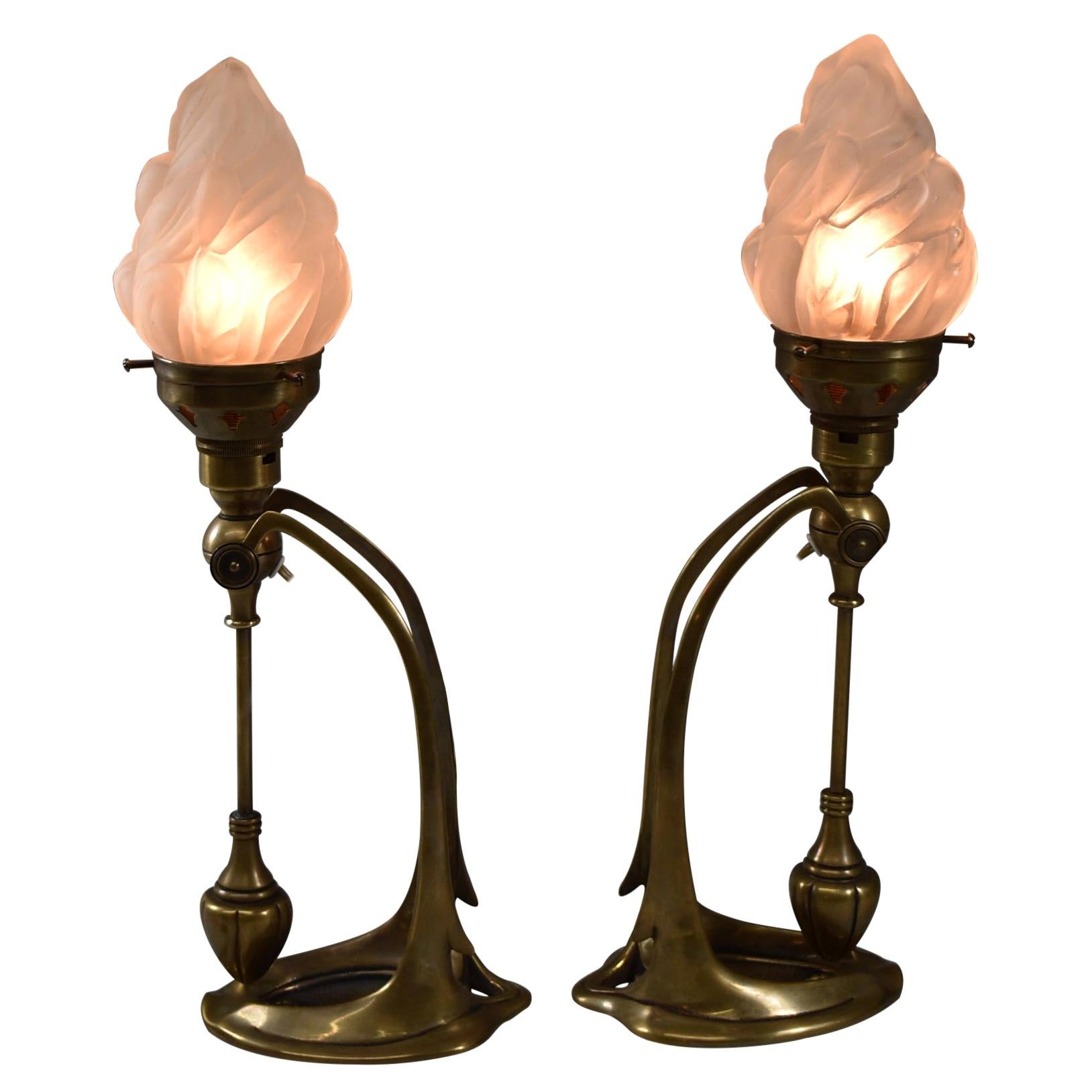 Art Nouveau Style Pair of Bronze Mantle Lamps Vintage Flame Opaque Glass Shade