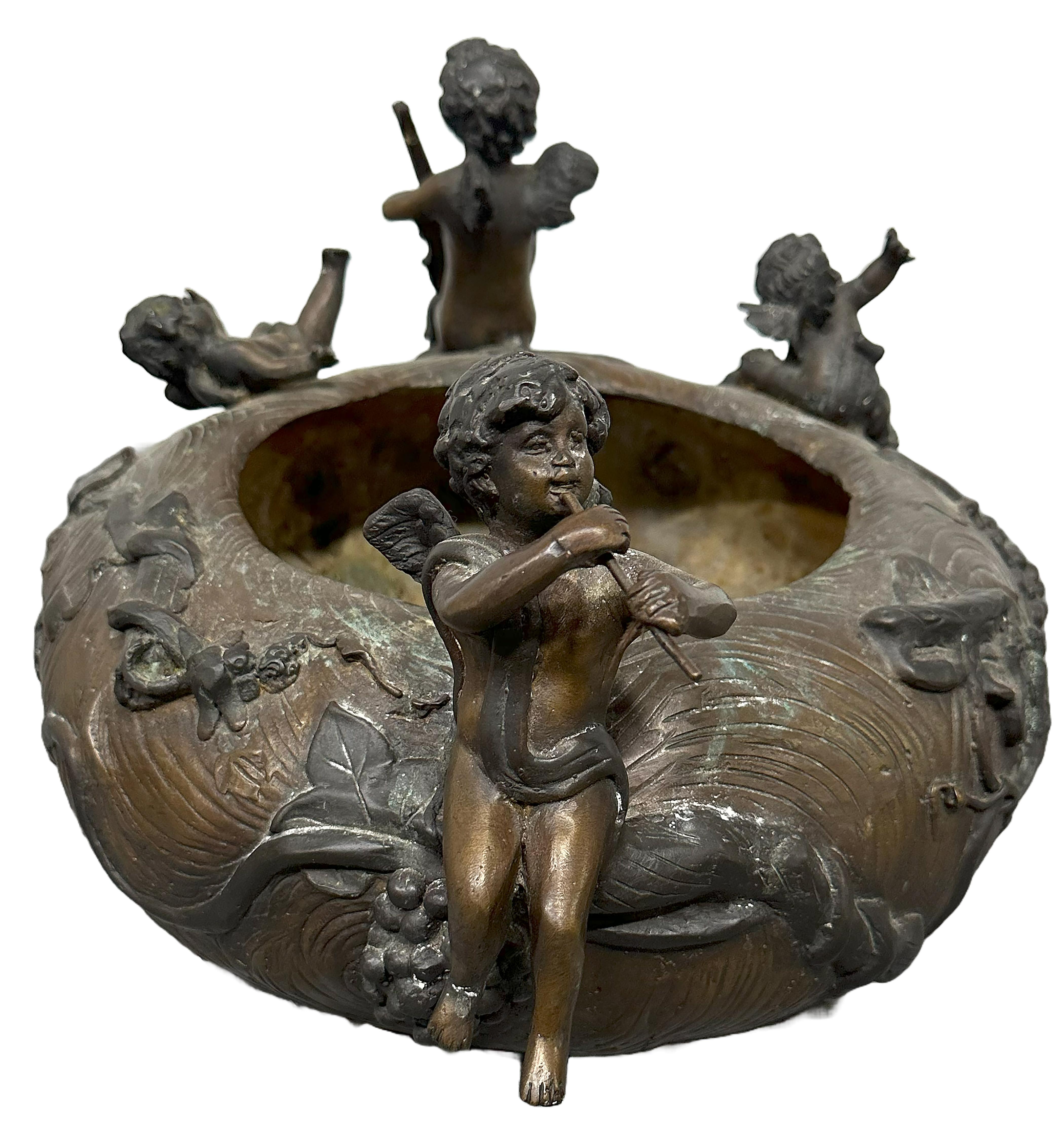 Bronze Jardinière d'époque Art Nouveau en bronze patiné avec chérubins jouant de la flûte en vente