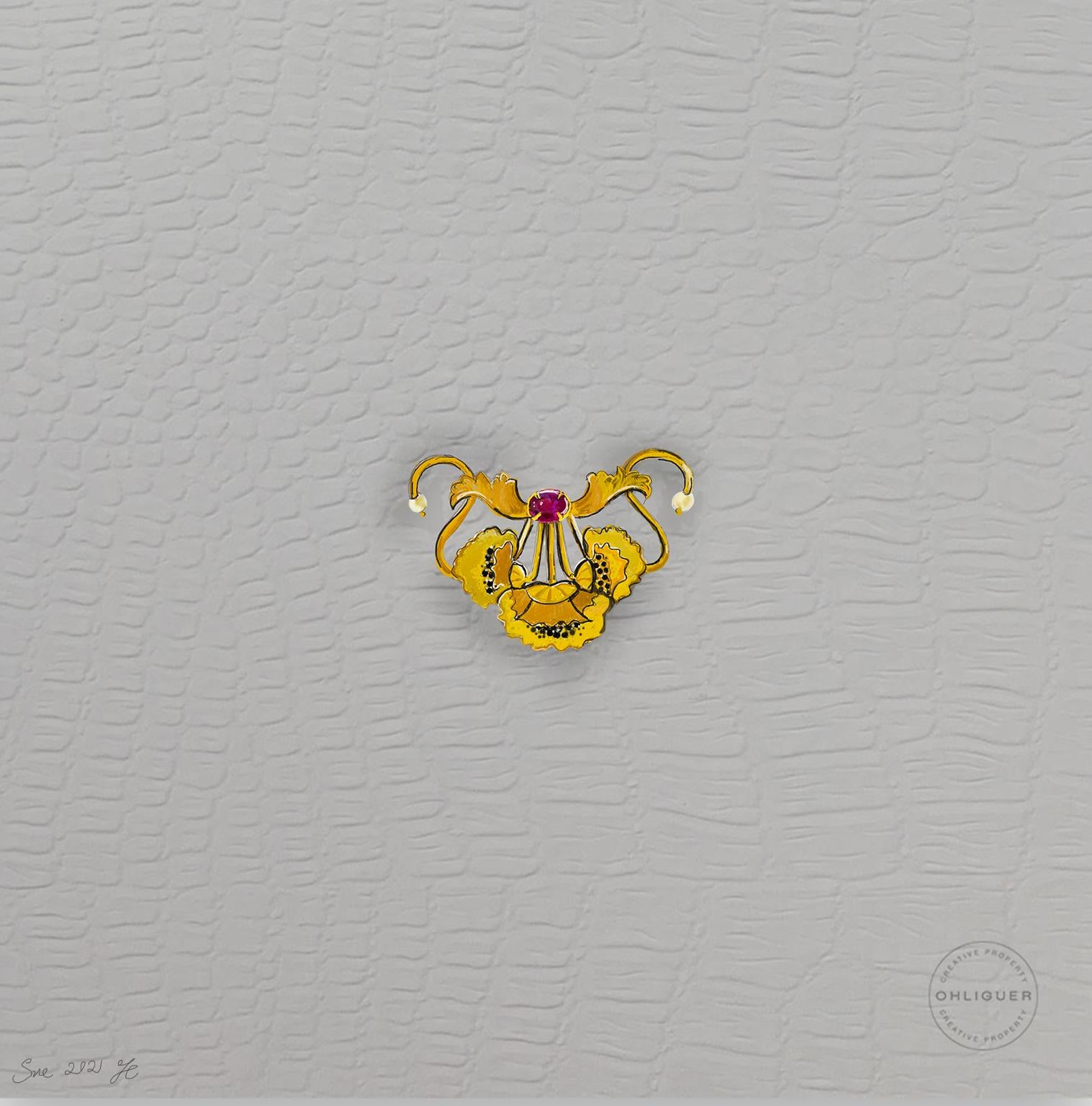 Ciondolo e spilla a forma di papavero in stile Art Nouveau con diamanti neri, perle e rubini In condizioni Nuovo in vendita a Brisbane, AU