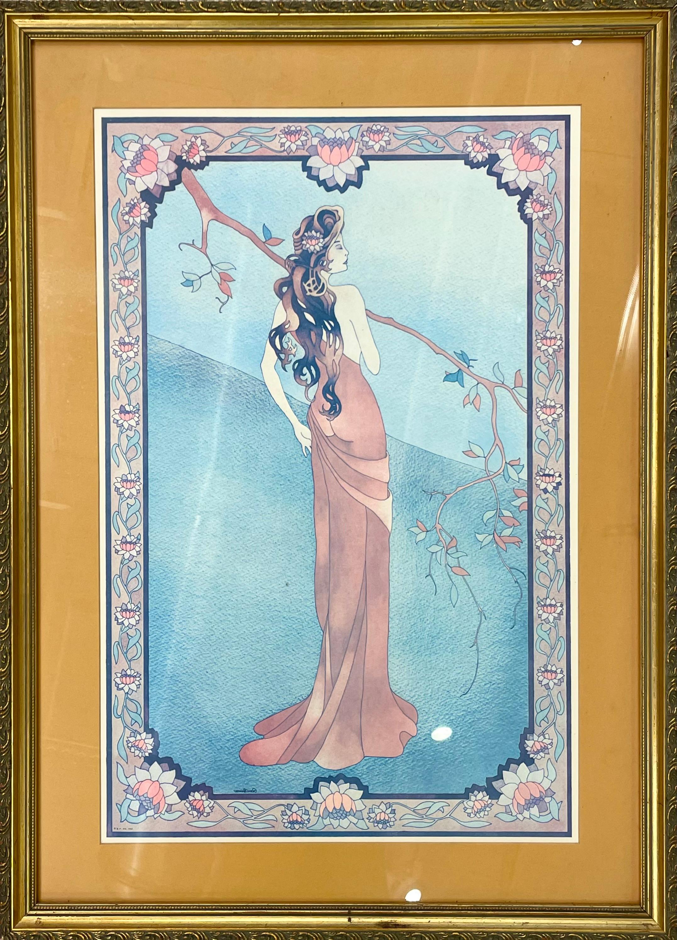Art Nouveau Style Print Elegant Woman in the Forest In Good Condition For Sale In Stamford, CT