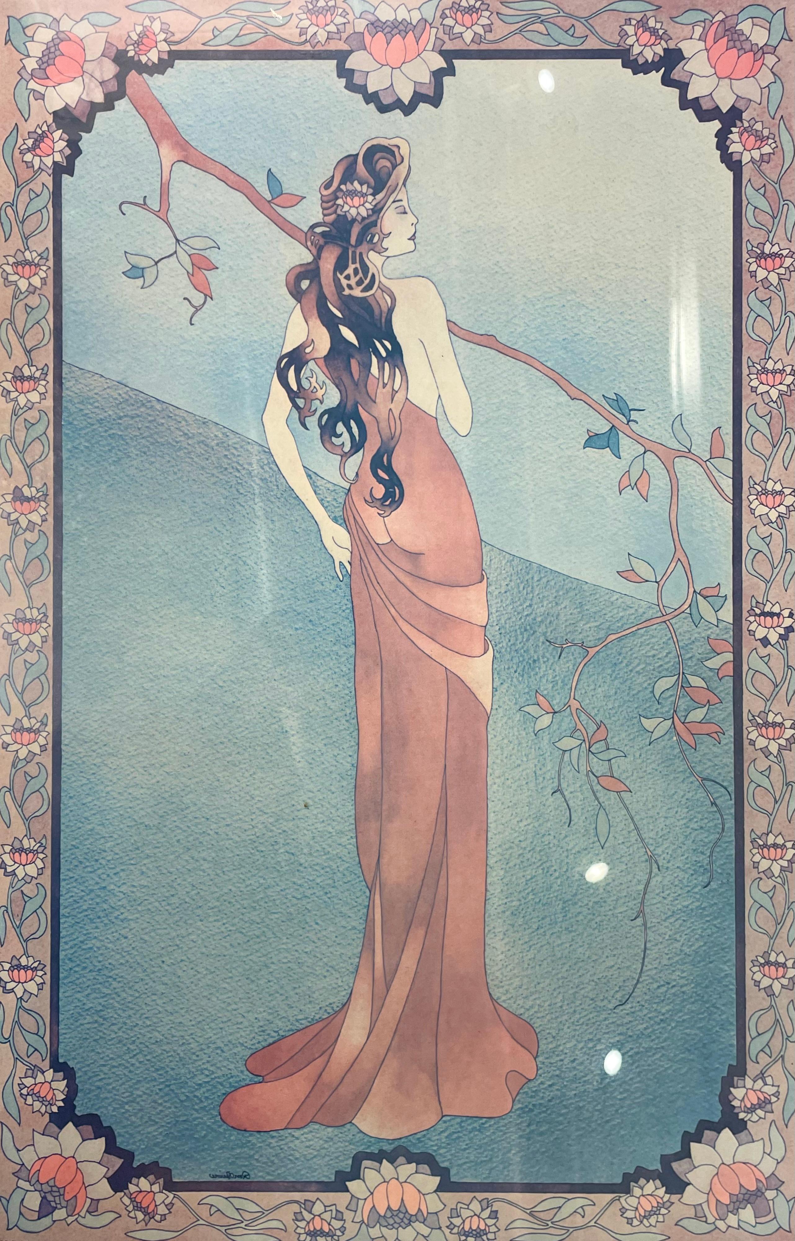 Late 20th Century Art Nouveau Style Print Elegant Woman in the Forest For Sale
