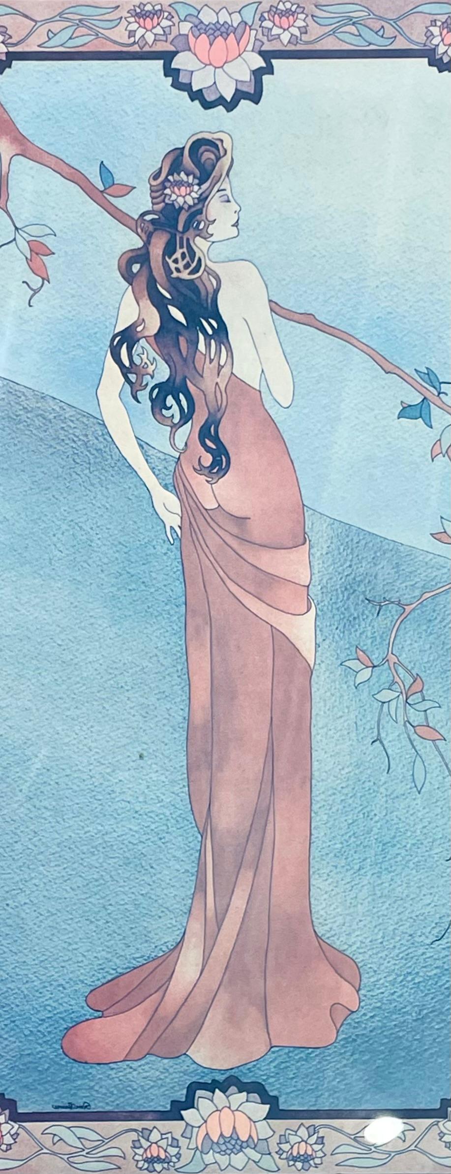 Paper Art Nouveau Style Print Elegant Woman in the Forest For Sale