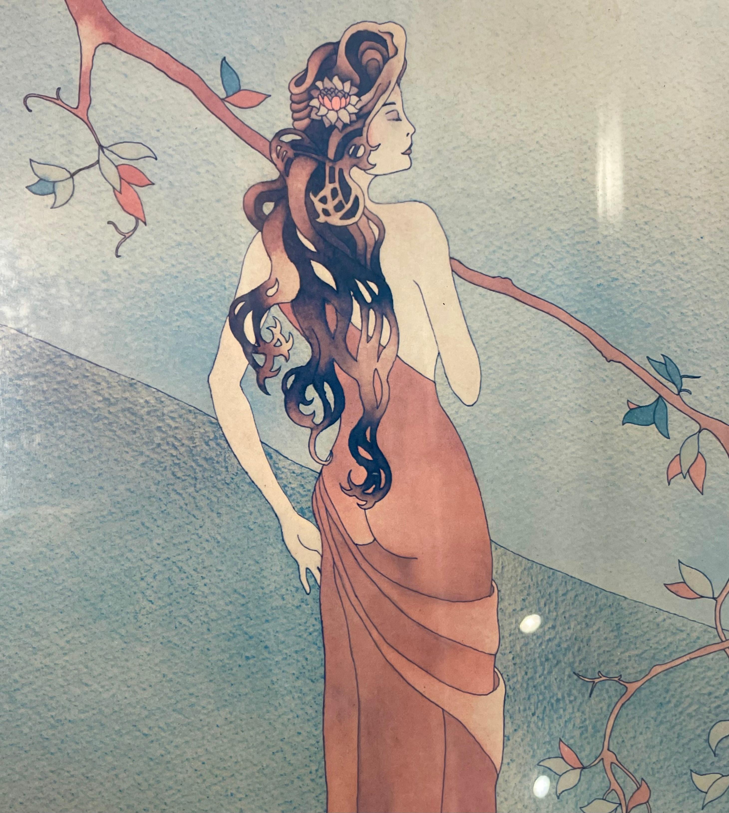 Elegante Frau im Jugendstil mit Druck im Art nouveau-Stil im Wald (Papier) im Angebot