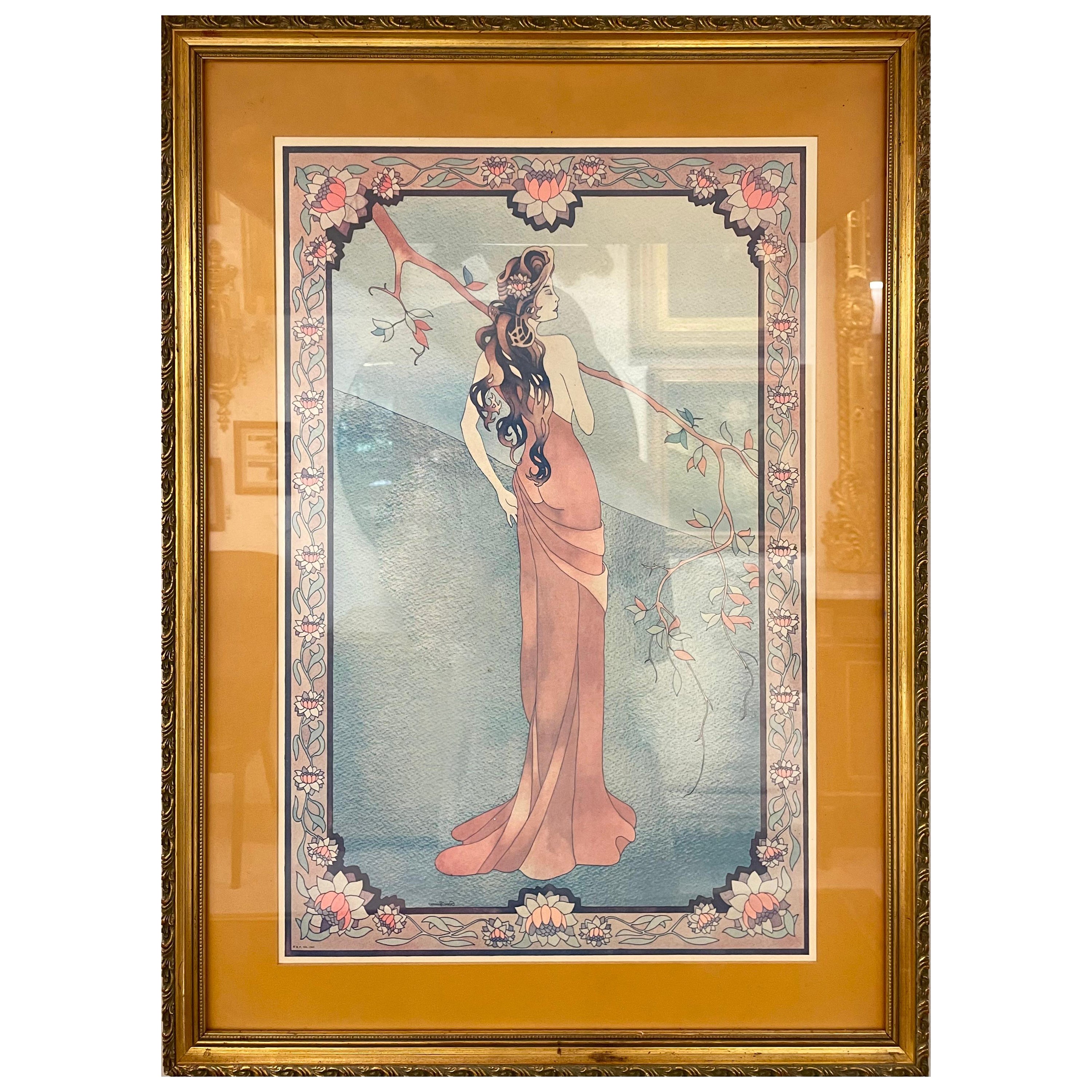 Impression de style Art nouveau Femme élégante dans la forêt en vente