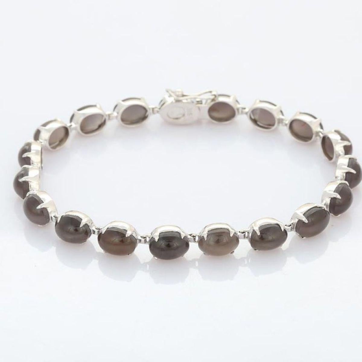 Art Nouveau Style Prong Set Cat's Eye Tennis Bracelet in 18k Solid White Gold For Sale 6