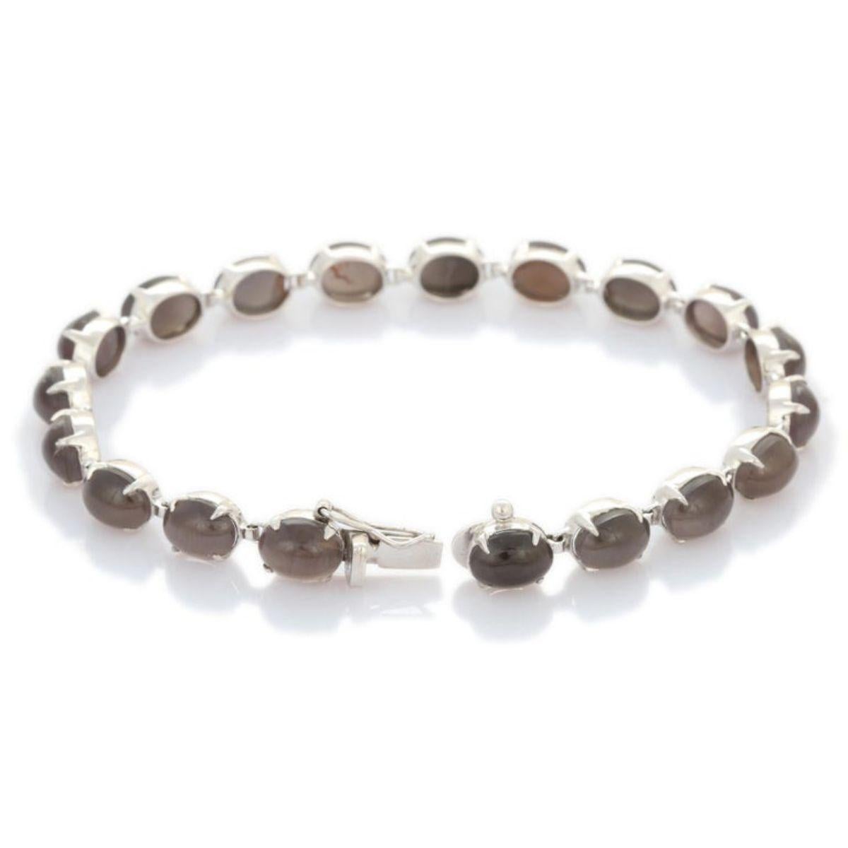 Women's Art Nouveau Style Prong Set Cat's Eye Tennis Bracelet in 18k Solid White Gold For Sale