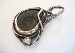 Art Nouveau Style Pyritized Ammonite Fossil & Baroque Pearl Pendant - 20th Cent.