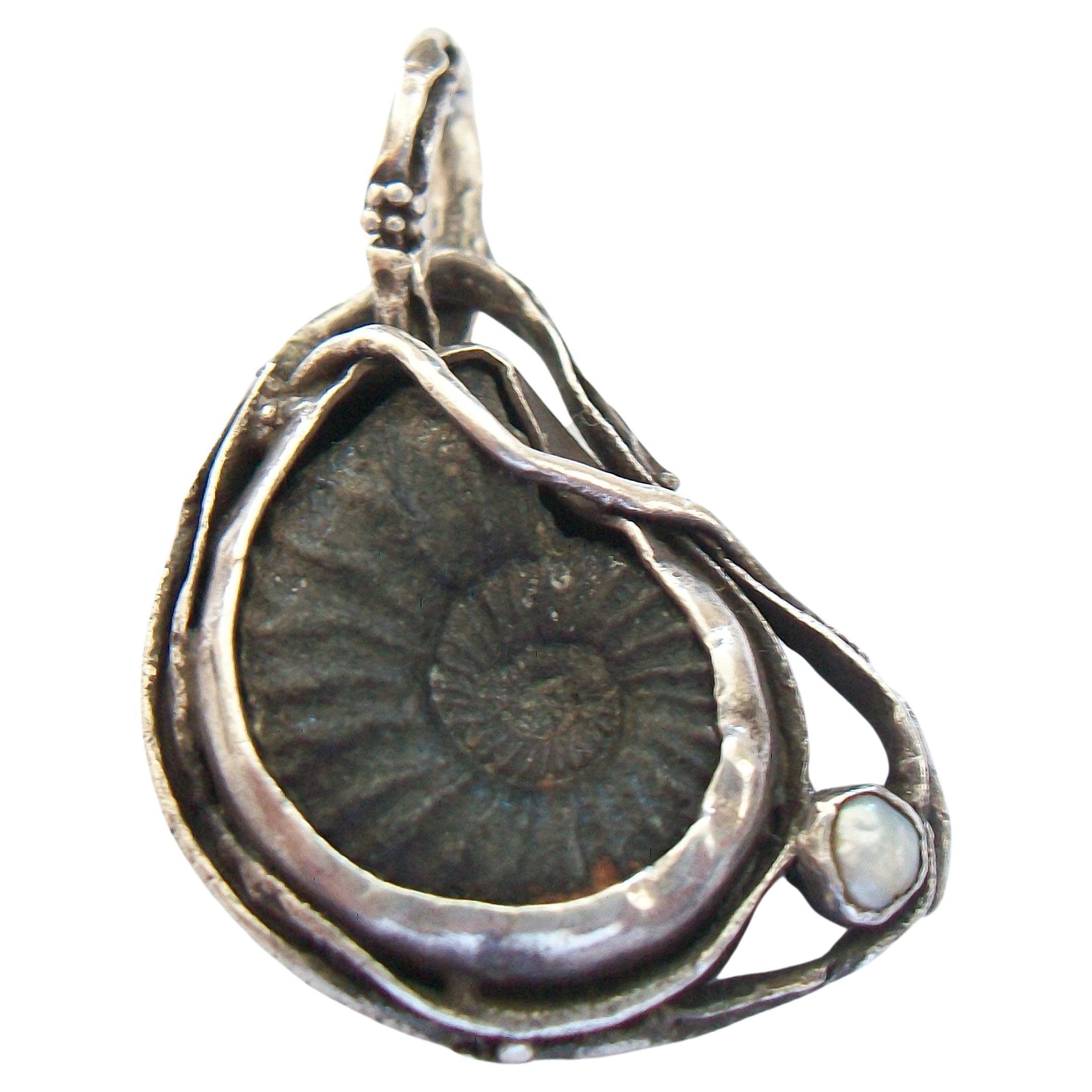 Art Nouveau Style Pyritized Ammonite Fossil & Baroque Pearl Pendant - 20th Cent. For Sale