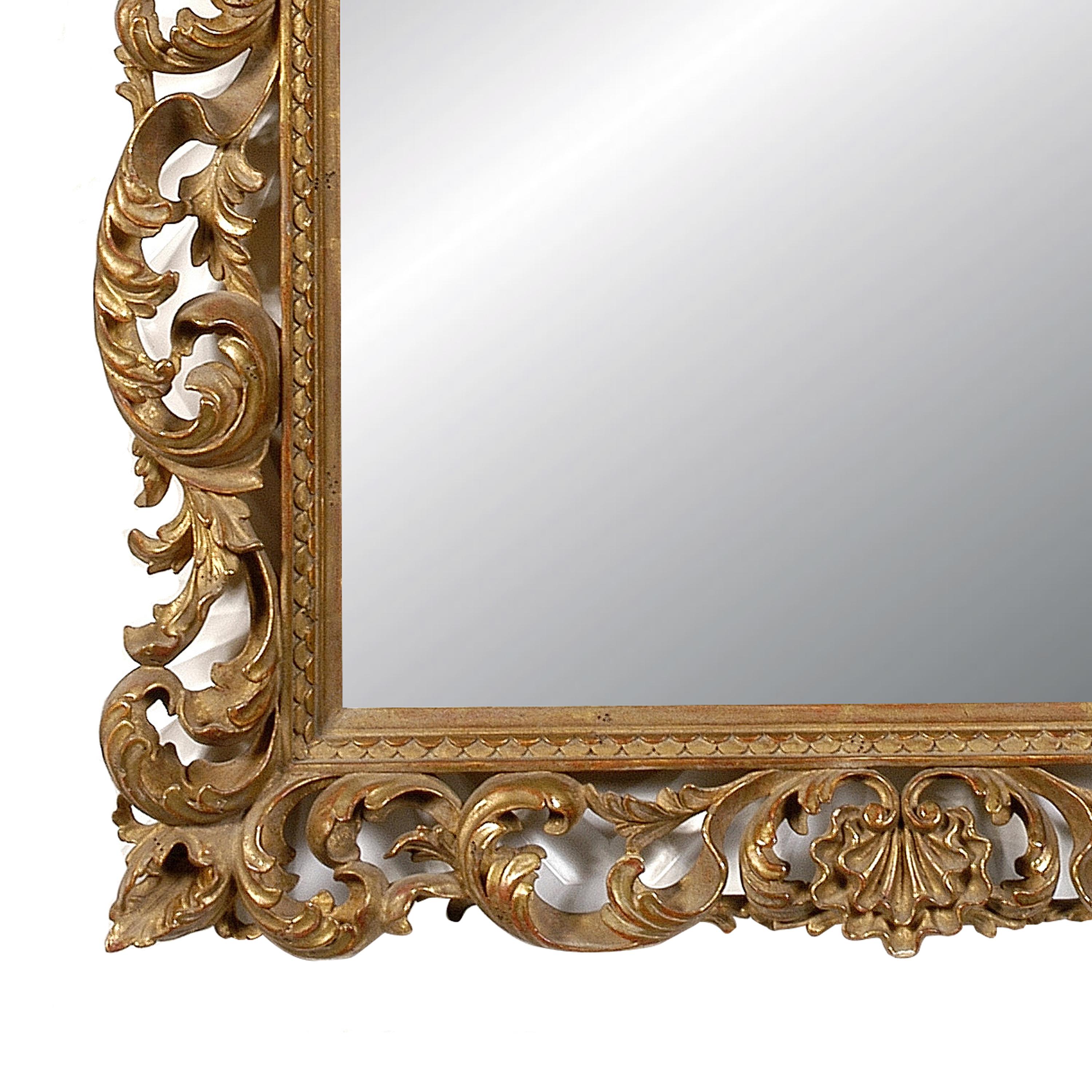 Baroque Art Nouveau Style Rectangular Gold Foil Hand Carved Wooden Mirror, 1970