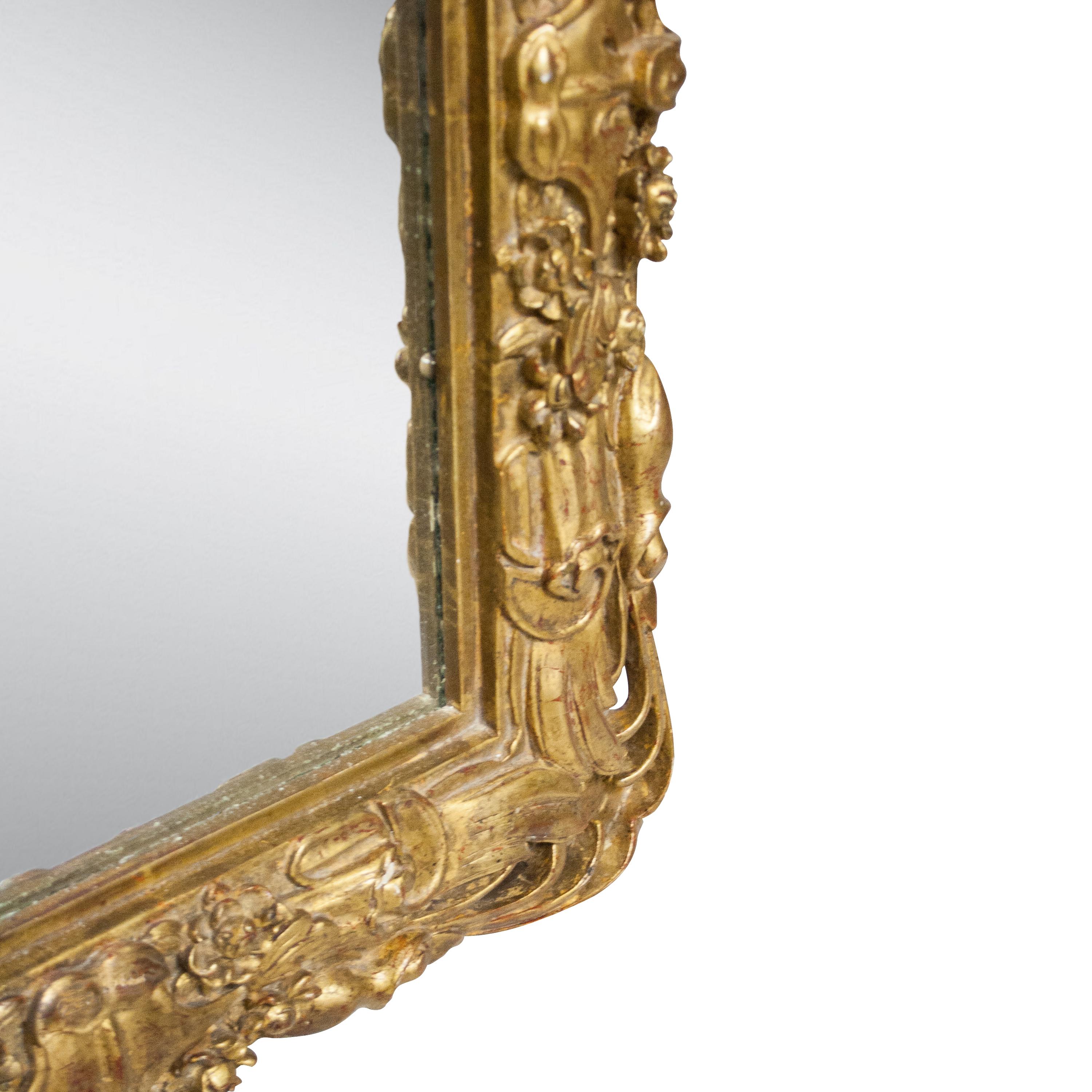 Spanish Art Nouveau Style Rectangular Gold Foil Hand Carved Wooden Mirror, 1970 For Sale