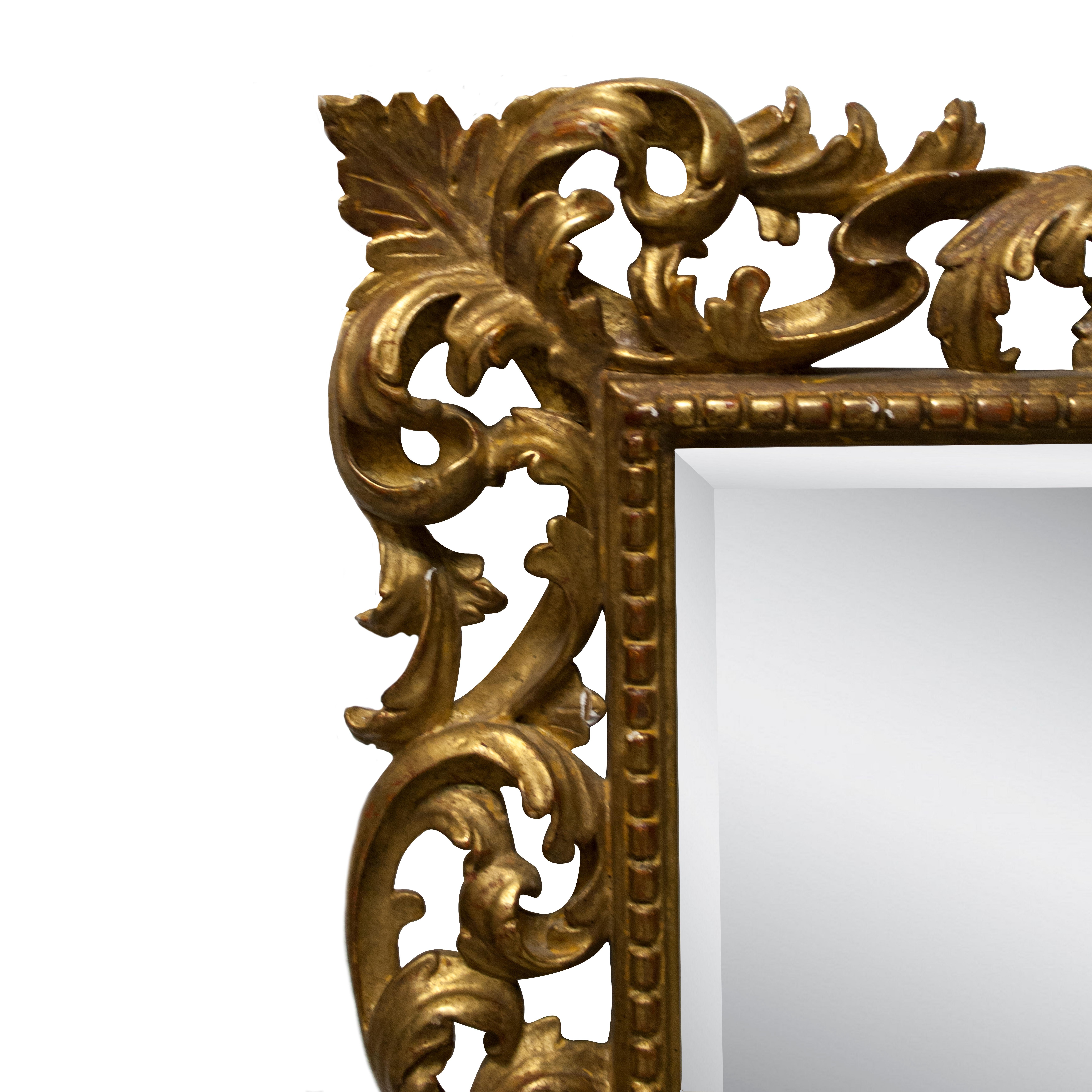 Baroque Art Nouveau Style Rectangular Gold Foil Hand Carved Wooden Mirror, 1970 For Sale