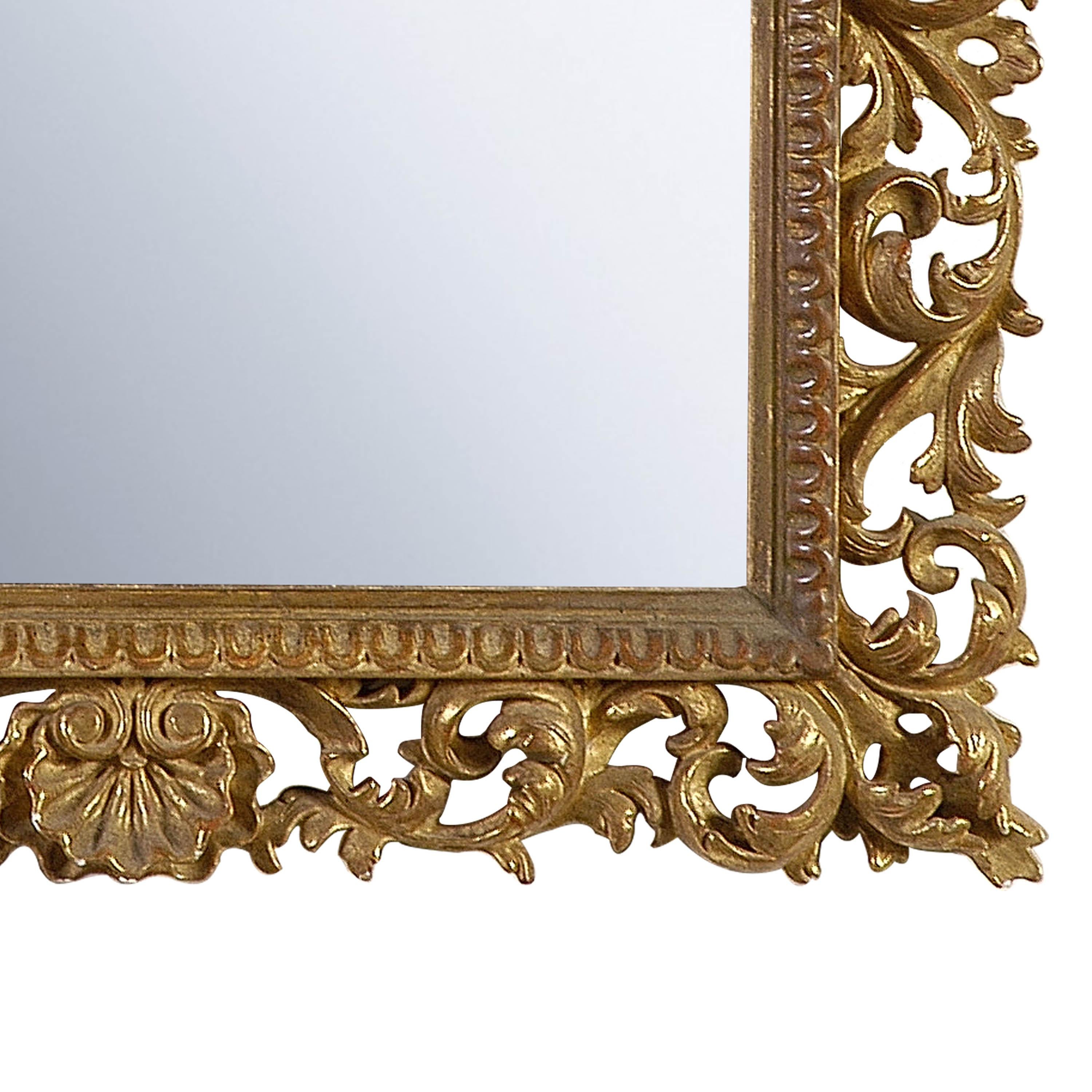 Spanish Art Nouveau Style Rectangular Gold Foil Hand Carved Wooden Mirror, 1970 For Sale