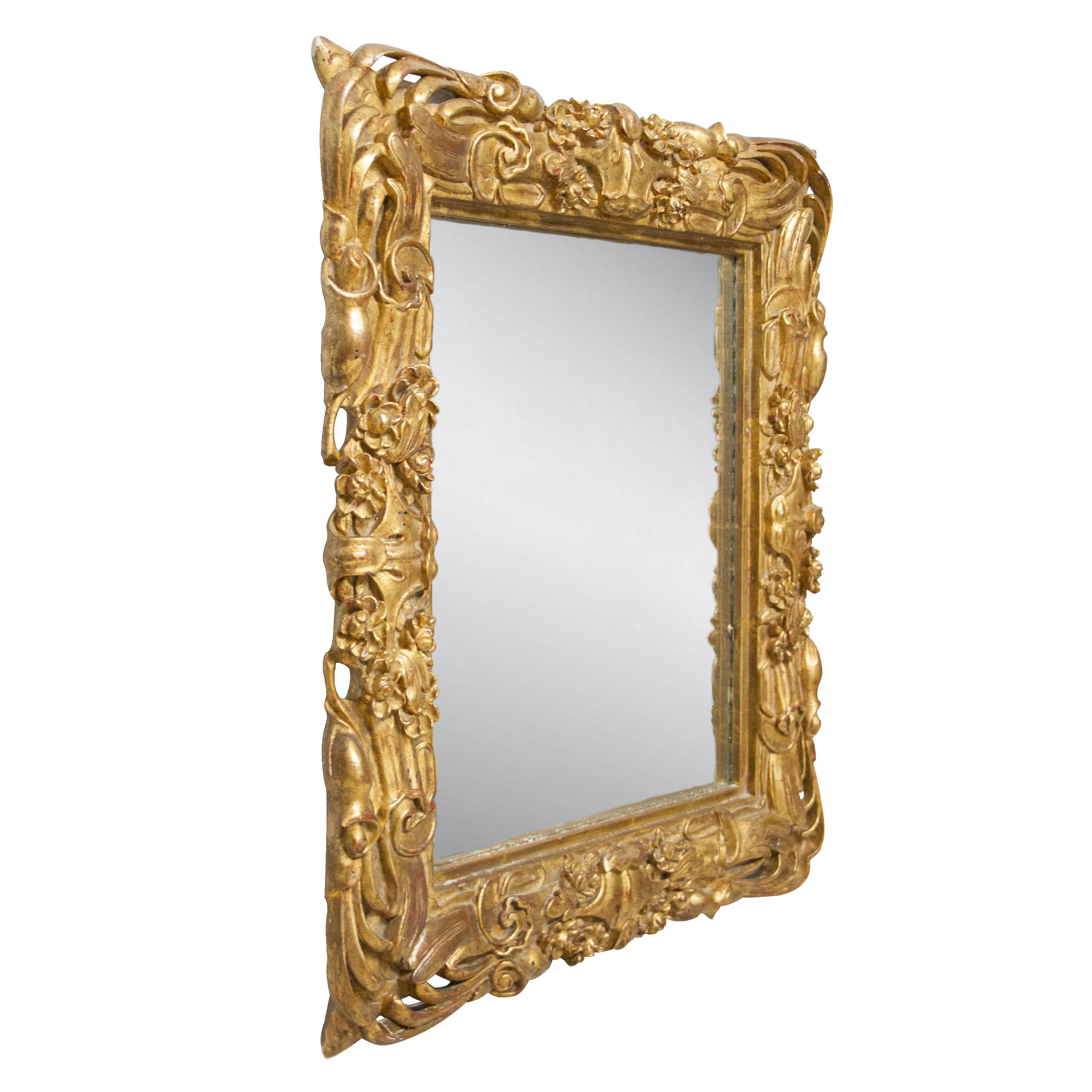 Hand-Carved Art Nouveau Style Rectangular Gold Foil Hand Carved Wooden Mirror, 1970 For Sale