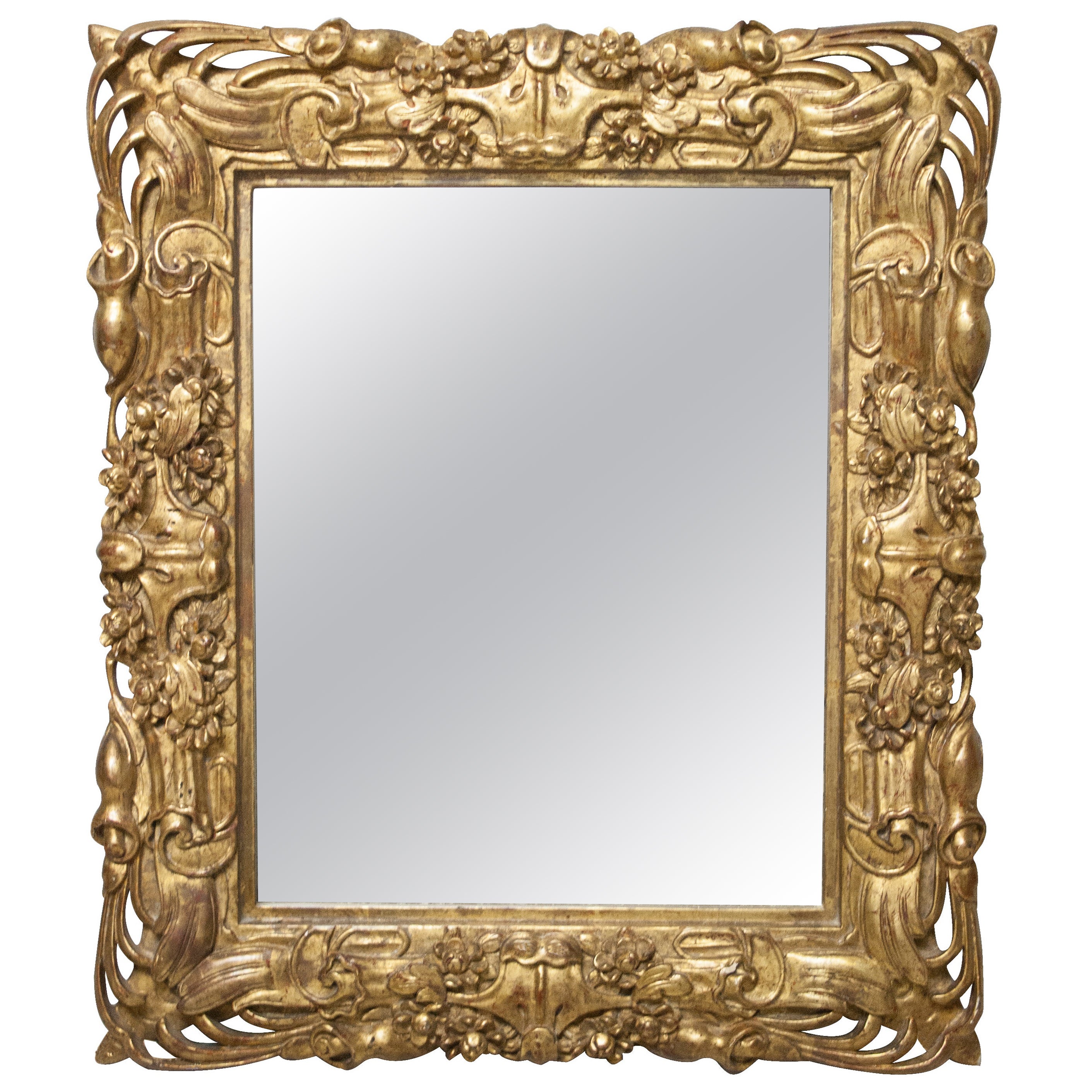 Miroir rectangulaire de style Art Nouveau en bois sculpté à la main, 1970