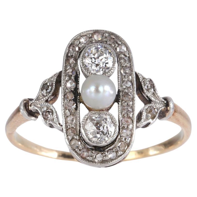 Art Nouveau style ring with pearl and diamonds