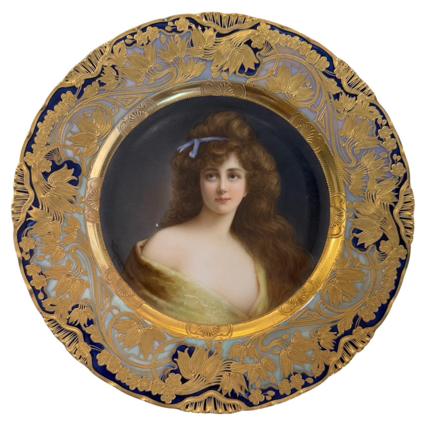 Art Nouveau Style Royal Vienna Porcelain Portrait Plate For Sale