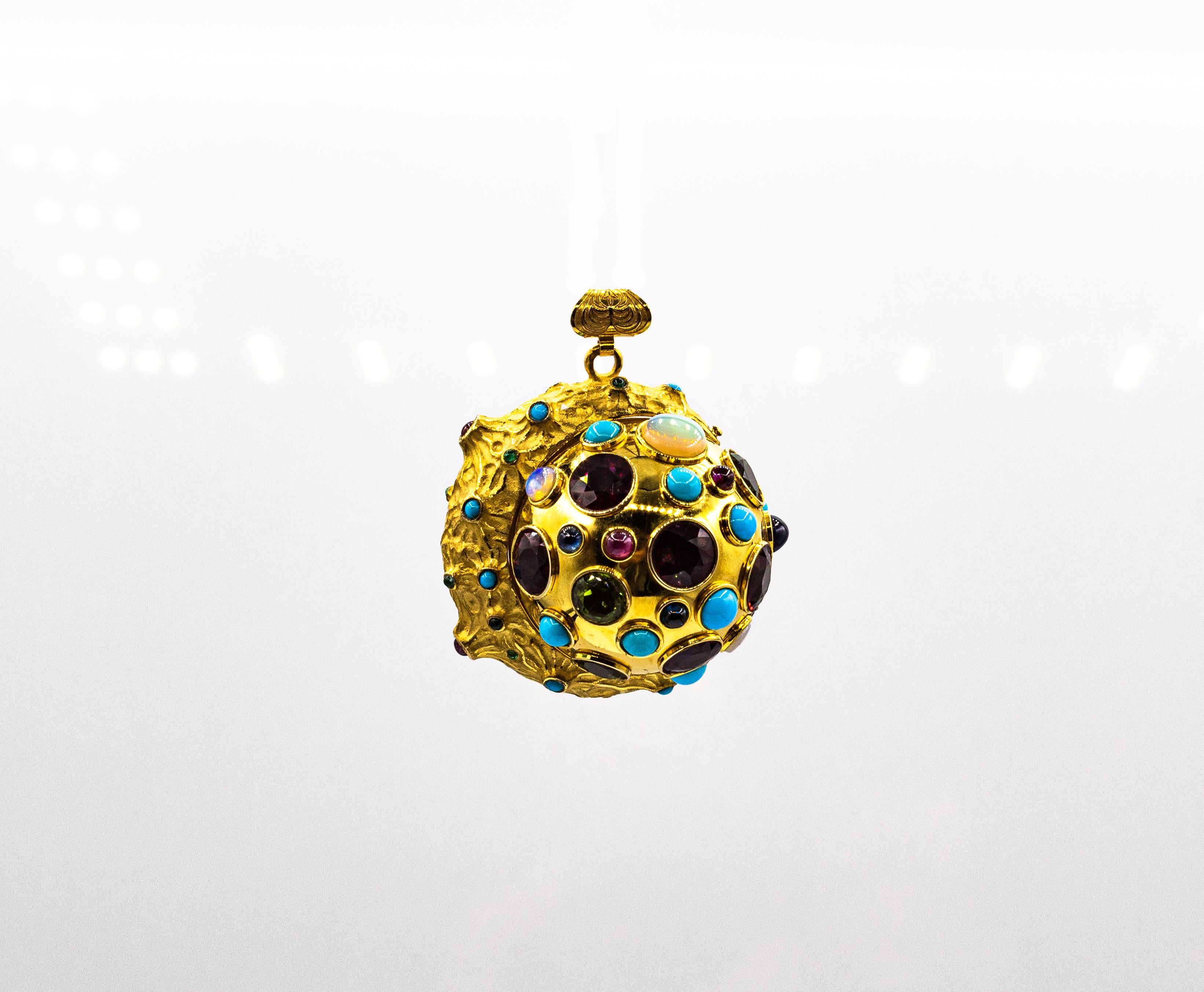 Mixed Cut Art Nouveau Style Ruby Emerald Sapphire Opal Yellow Gold 