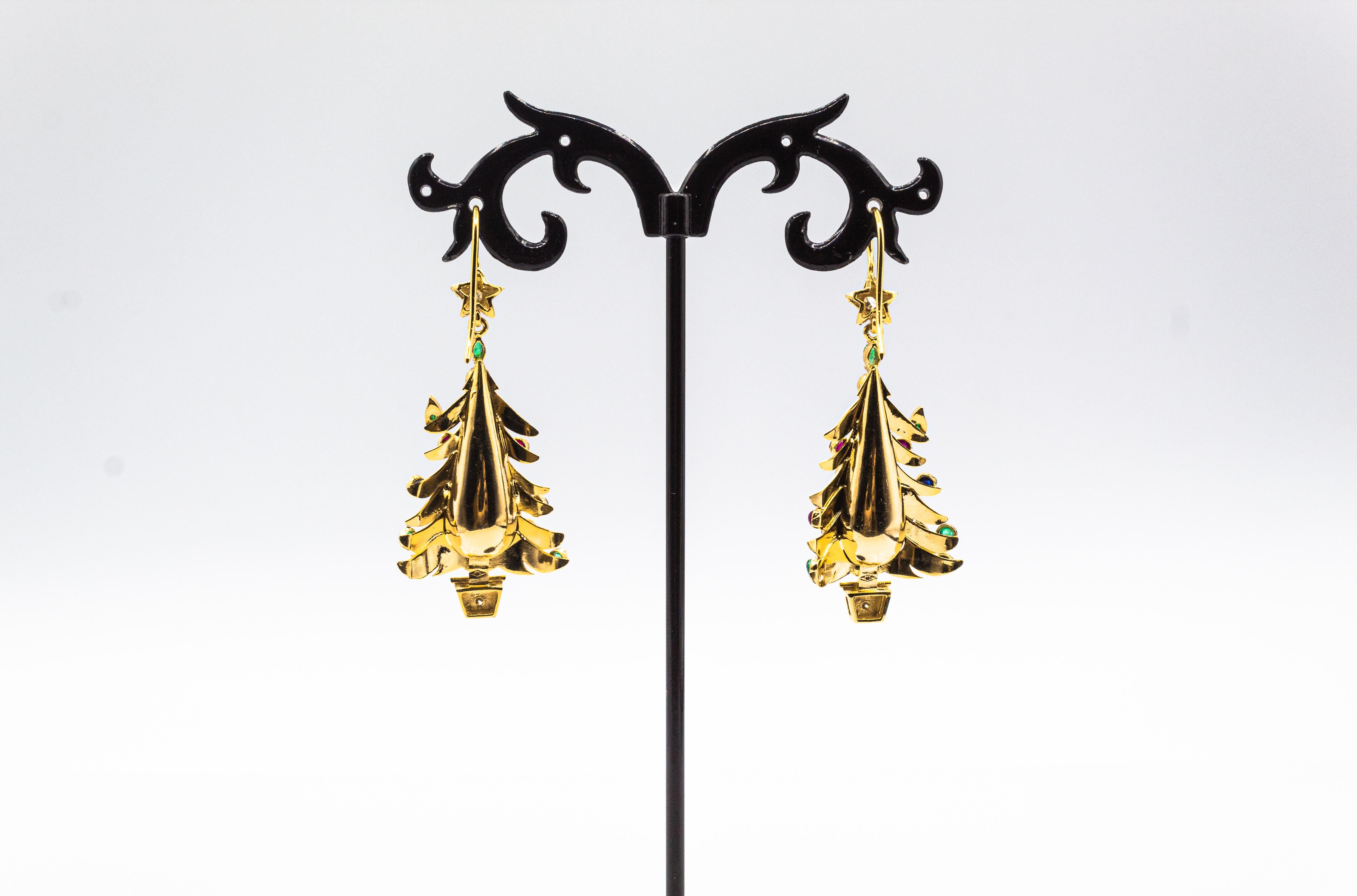 Art Nouveau Style Ruby Emerald Sapphire White Diamond Yellow Gold Drop Earrings For Sale 1