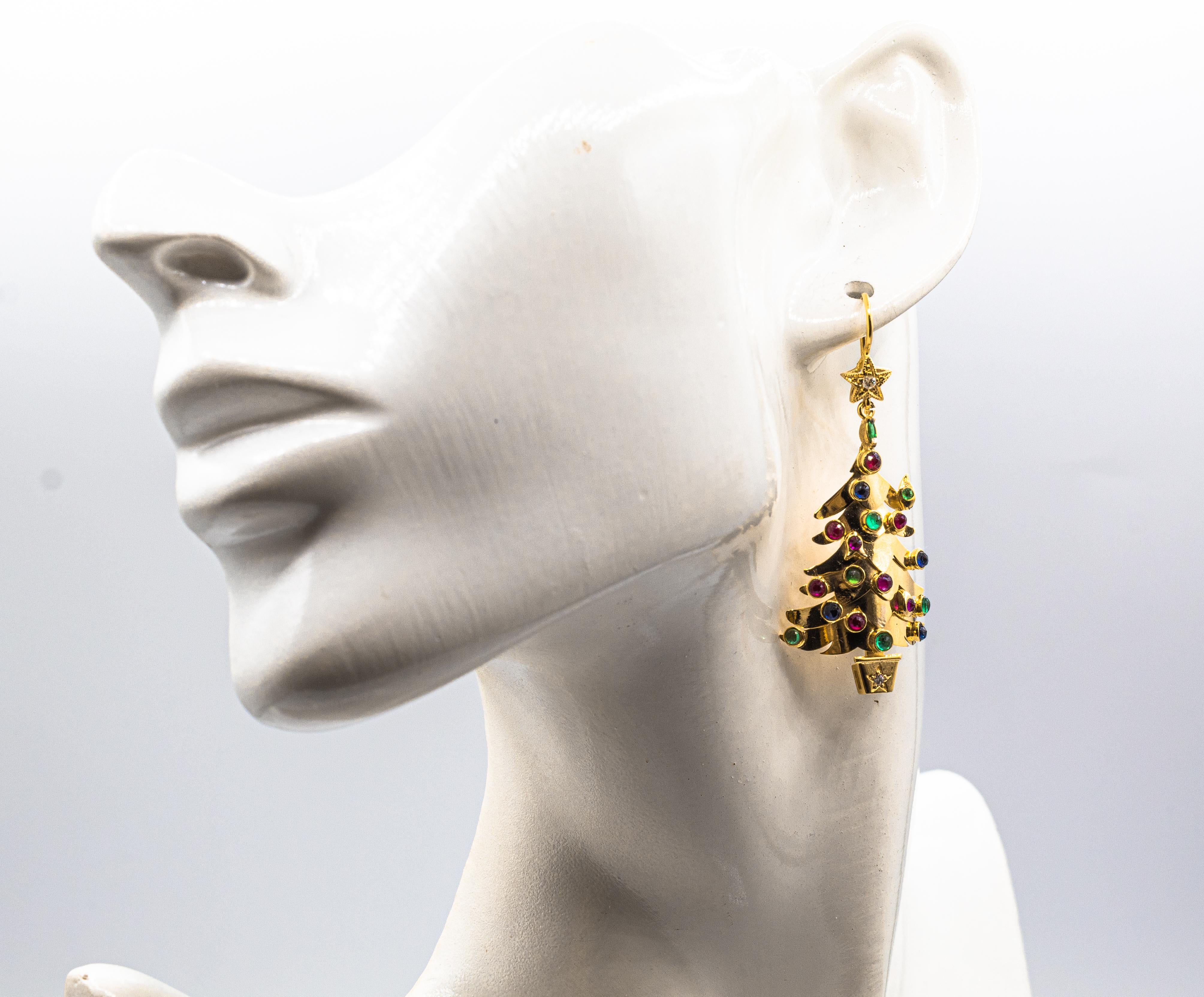 Art Nouveau Style Ruby Emerald Sapphire White Diamond Yellow Gold Drop Earrings For Sale 3