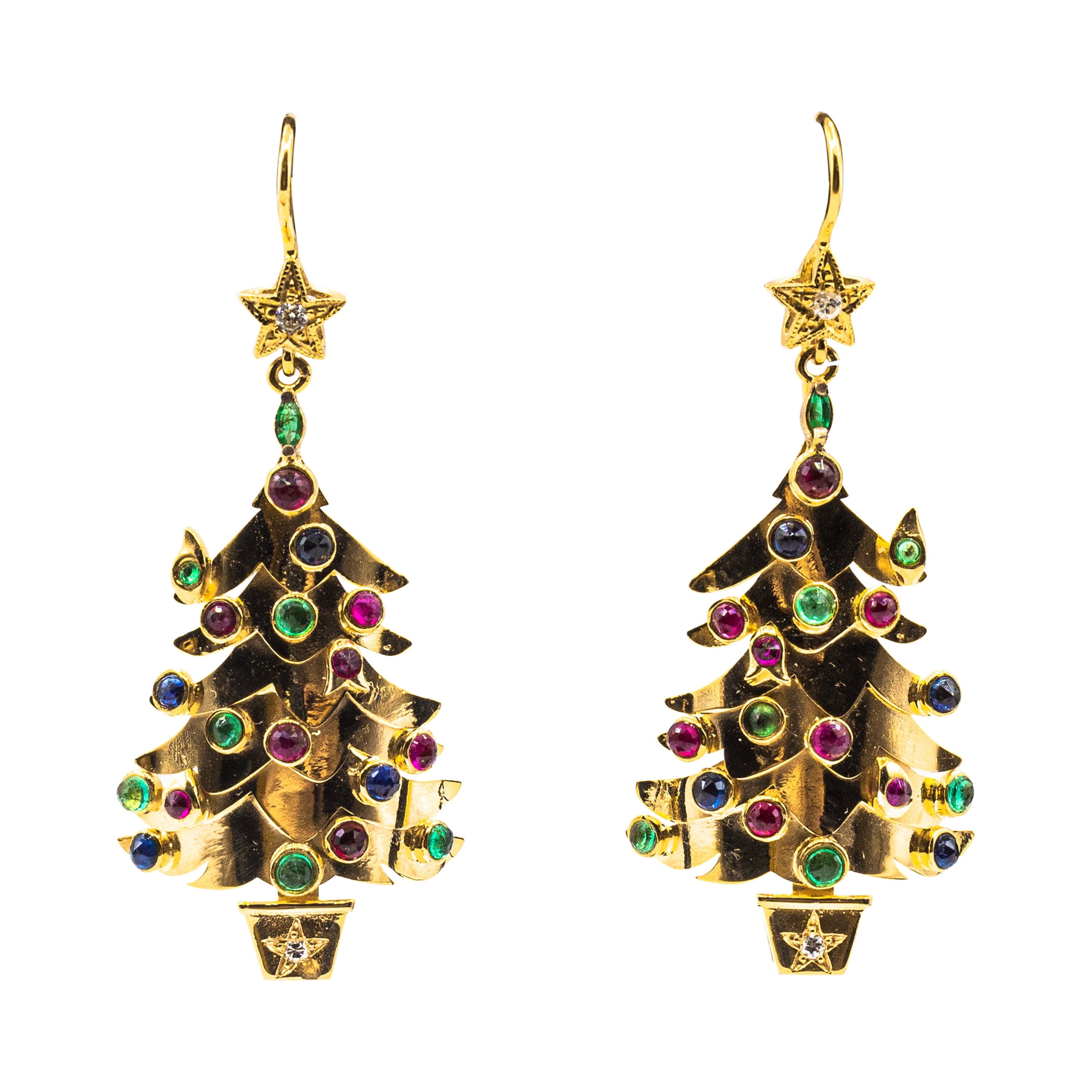 Art Nouveau Style Ruby Emerald Sapphire White Diamond Yellow Gold Drop Earrings For Sale