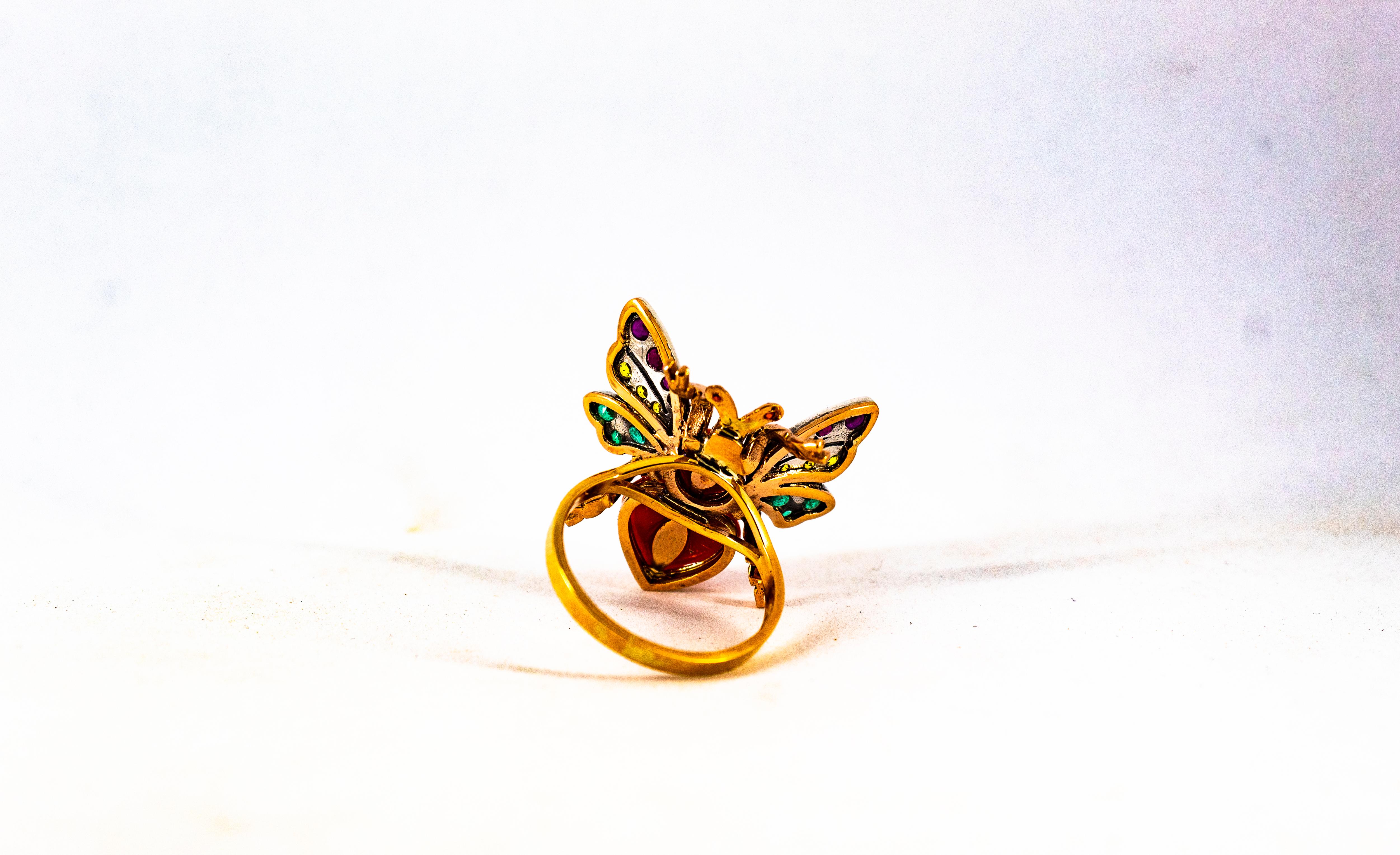 Art Nouveau Style Ruby Emerald Yellow Sapphire Coral Yellow Gold Cocktail Ring For Sale 7