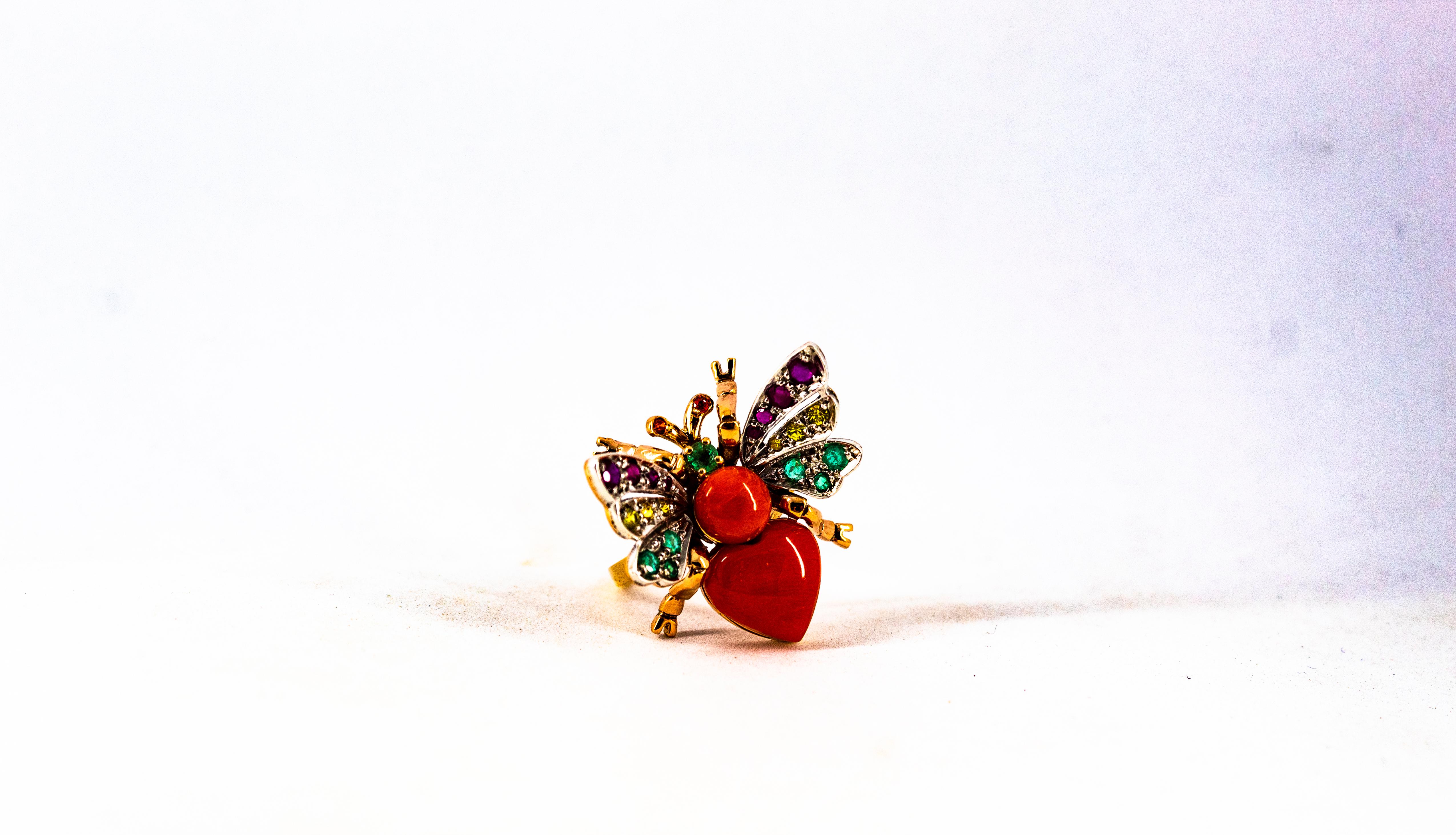 Art Nouveau Style Ruby Emerald Yellow Sapphire Coral Yellow Gold Cocktail Ring For Sale 9