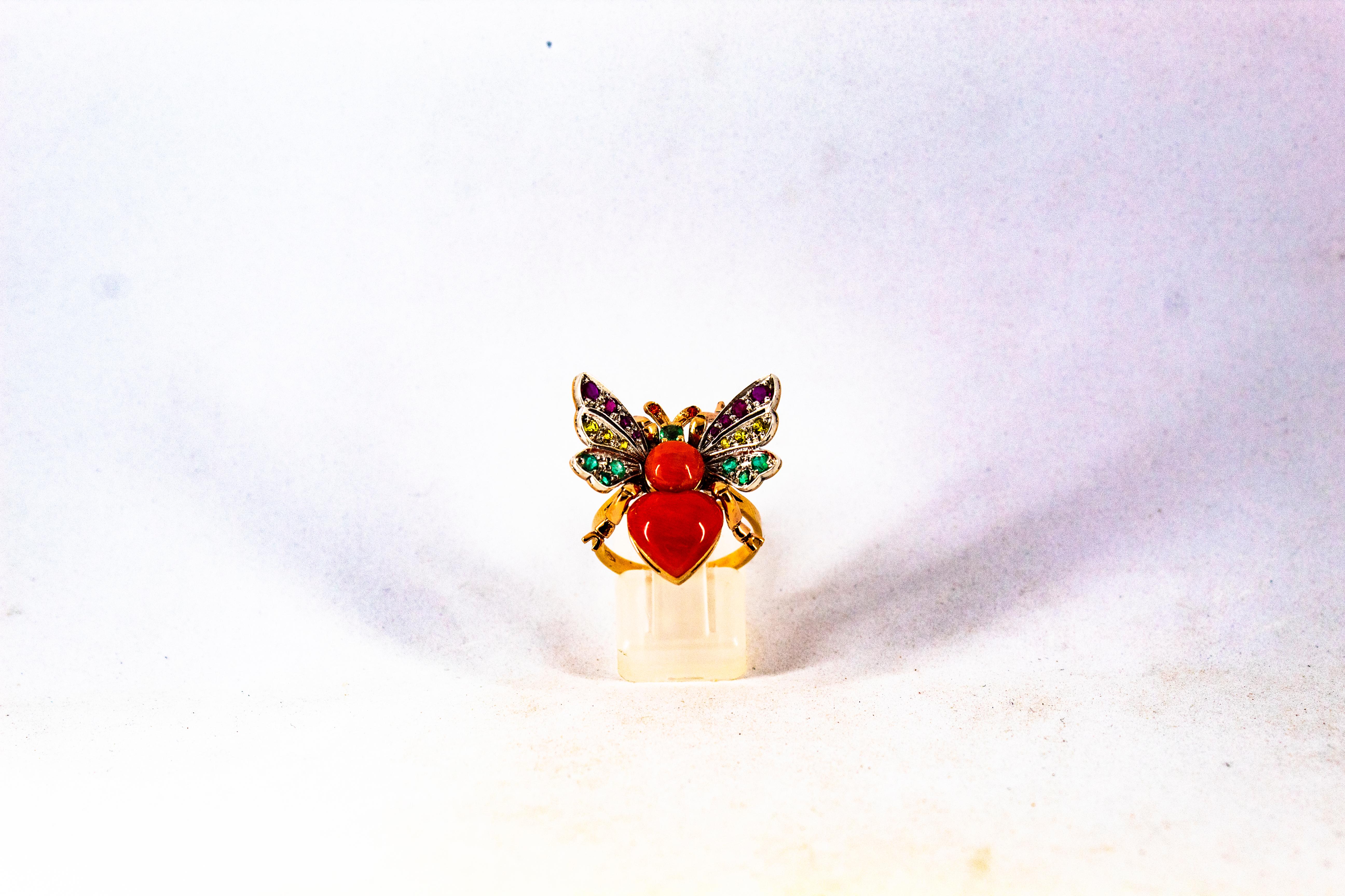 Art Nouveau Style Ruby Emerald Yellow Sapphire Coral Yellow Gold Cocktail Ring In New Condition For Sale In Naples, IT