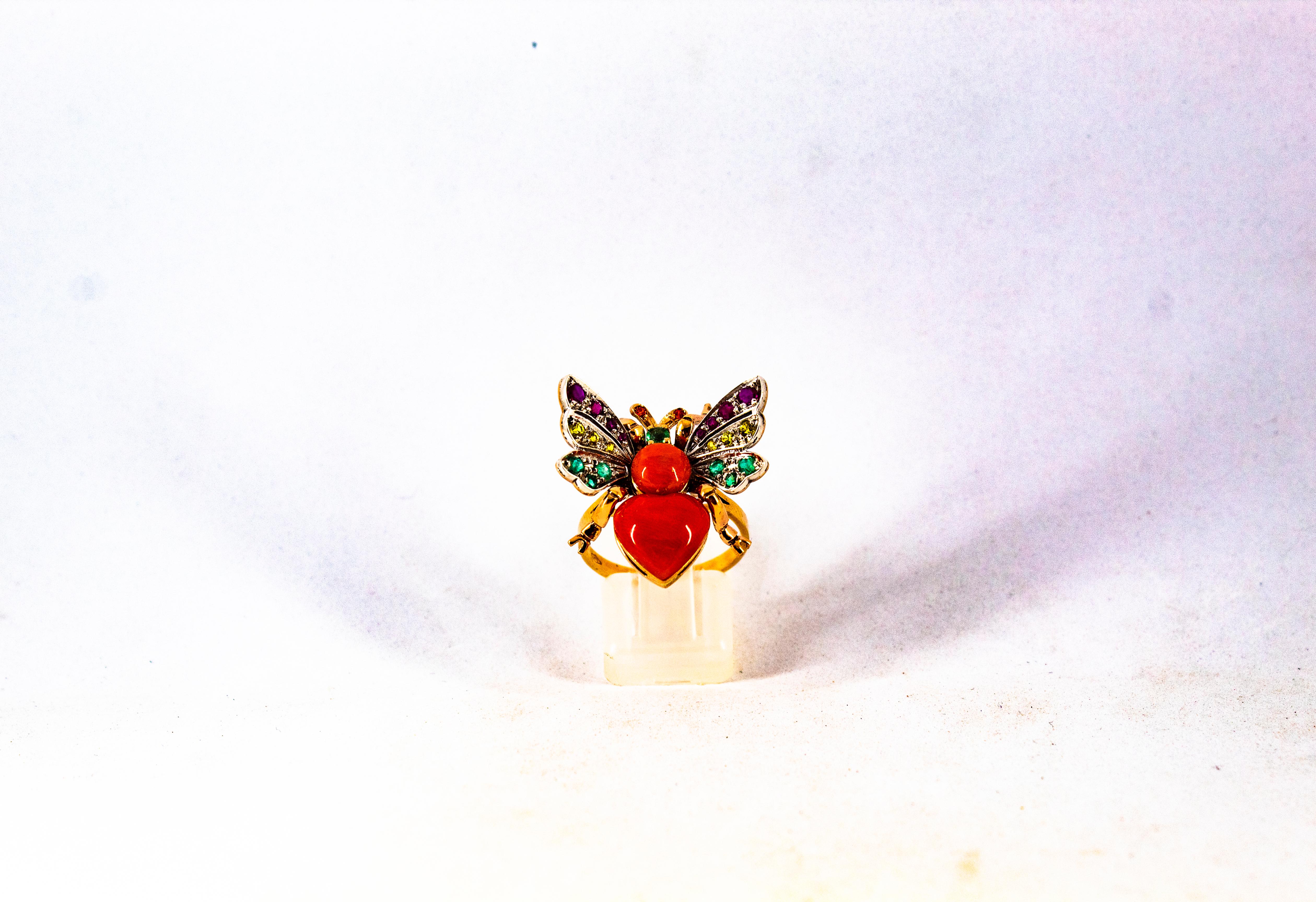 Women's or Men's Art Nouveau Style Ruby Emerald Yellow Sapphire Coral Yellow Gold Cocktail Ring For Sale