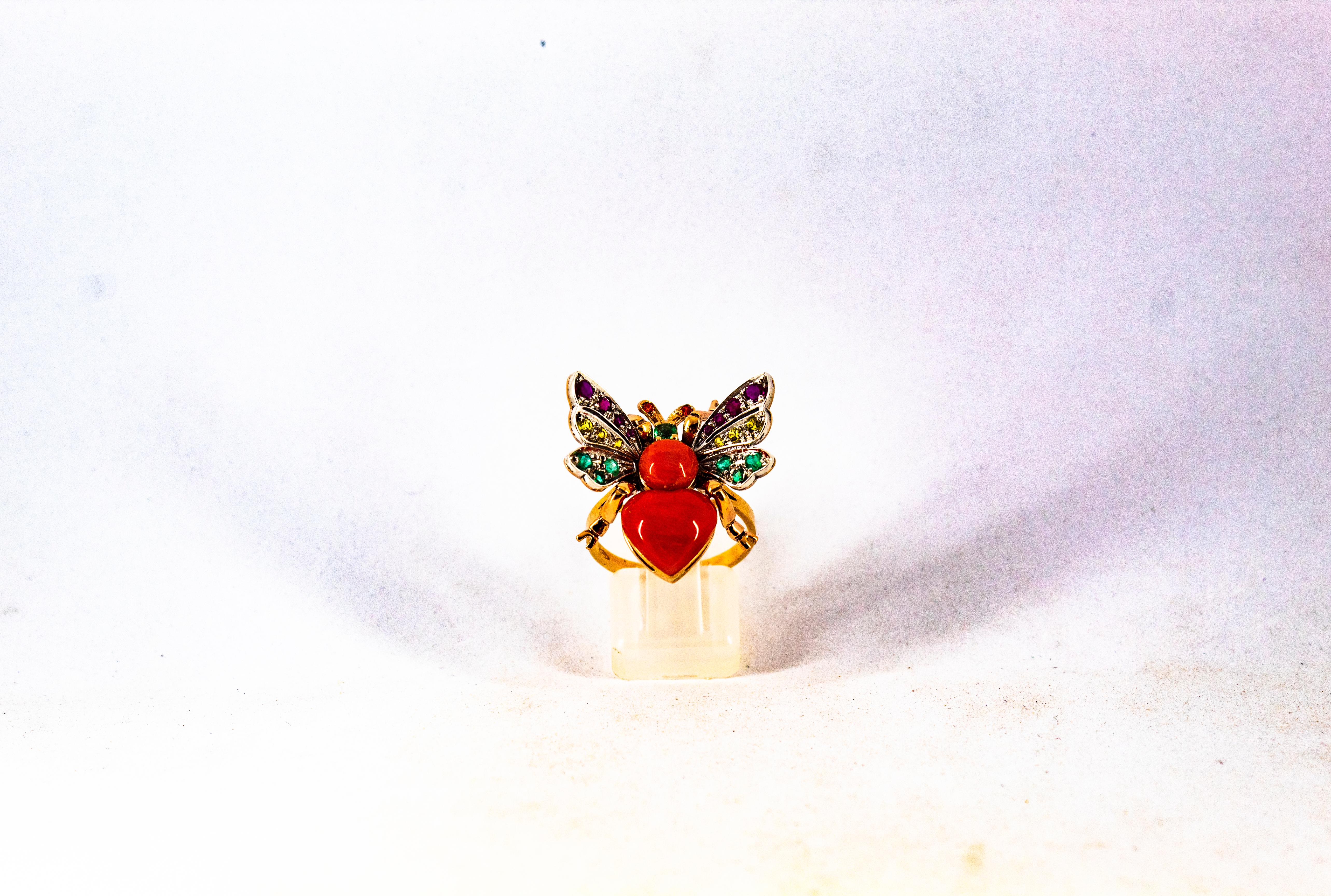 Art Nouveau Style Ruby Emerald Yellow Sapphire Coral Yellow Gold Cocktail Ring For Sale 1