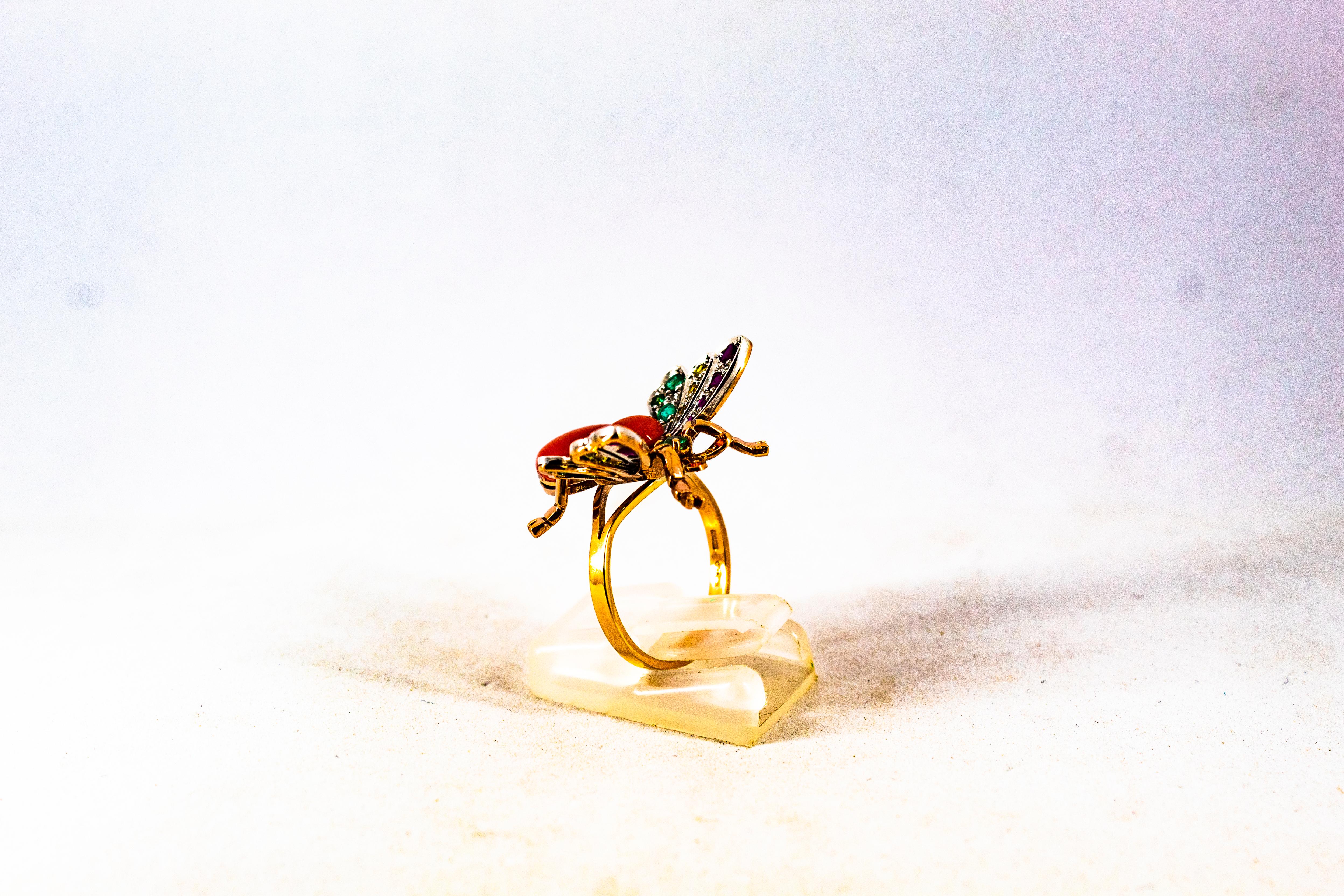 Art Nouveau Style Ruby Emerald Yellow Sapphire Coral Yellow Gold Cocktail Ring For Sale 3