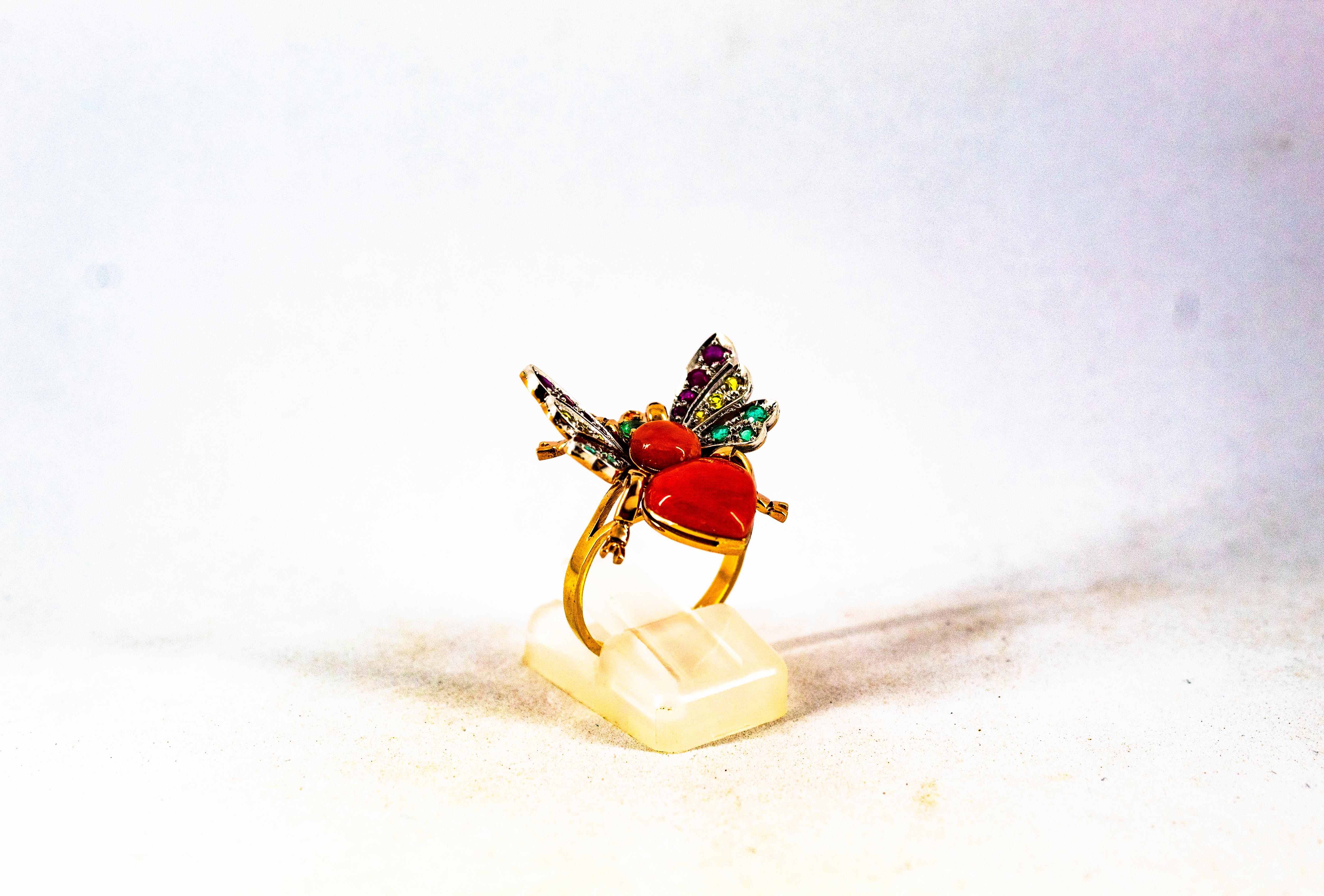 Art Nouveau Style Ruby Emerald Yellow Sapphire Coral Yellow Gold Cocktail Ring For Sale 4