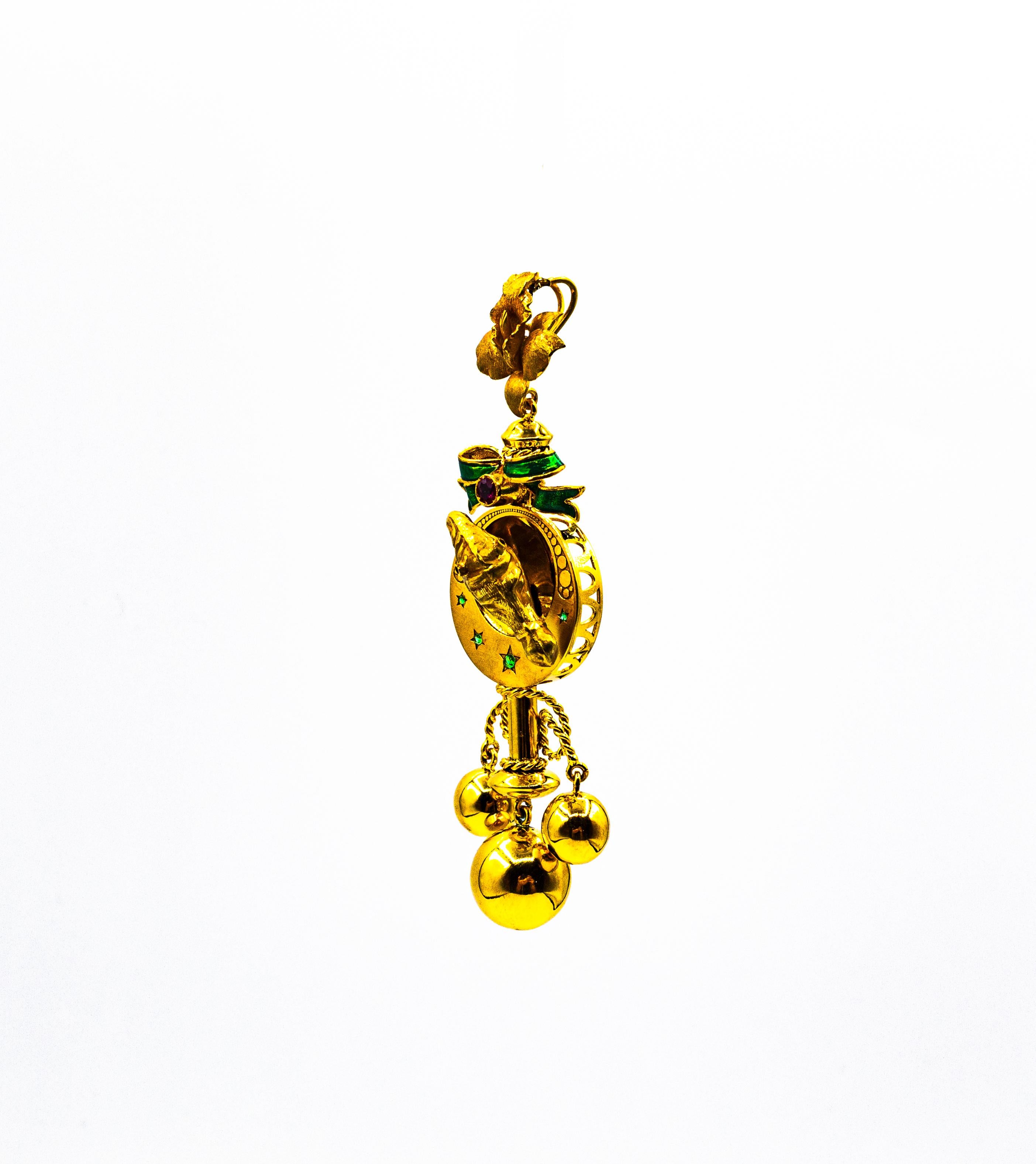 Women's or Men's Art Nouveau Style Ruby Enamel Yellow Gold 