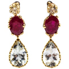 Art Nouveau Style Ruby White Diamond Aquamarine Yellow Gold Lever-Back Earrings