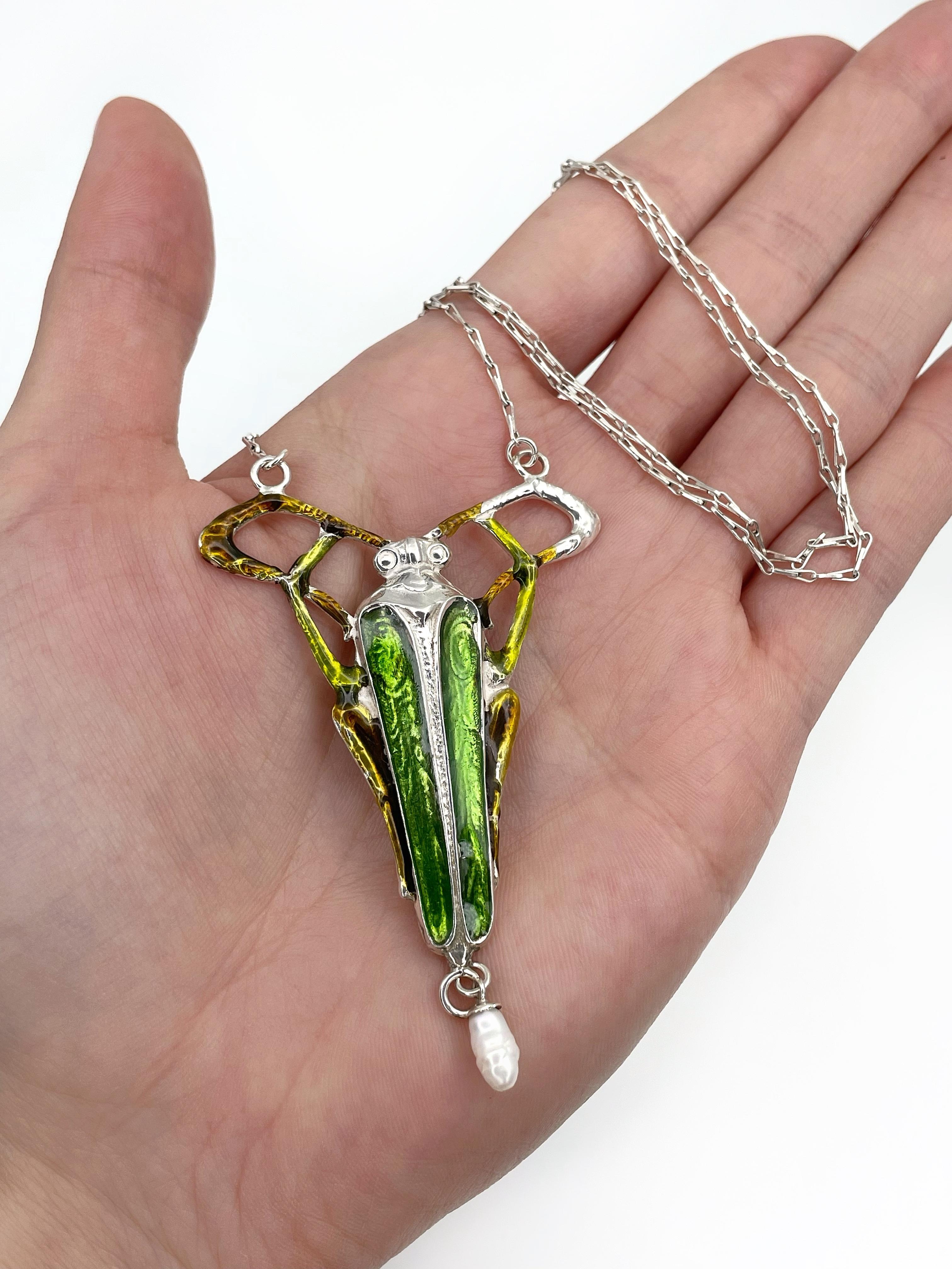 Art Nouveau Style Silver Green Enamel Pearl Grasshopper Pendant Necklace 2